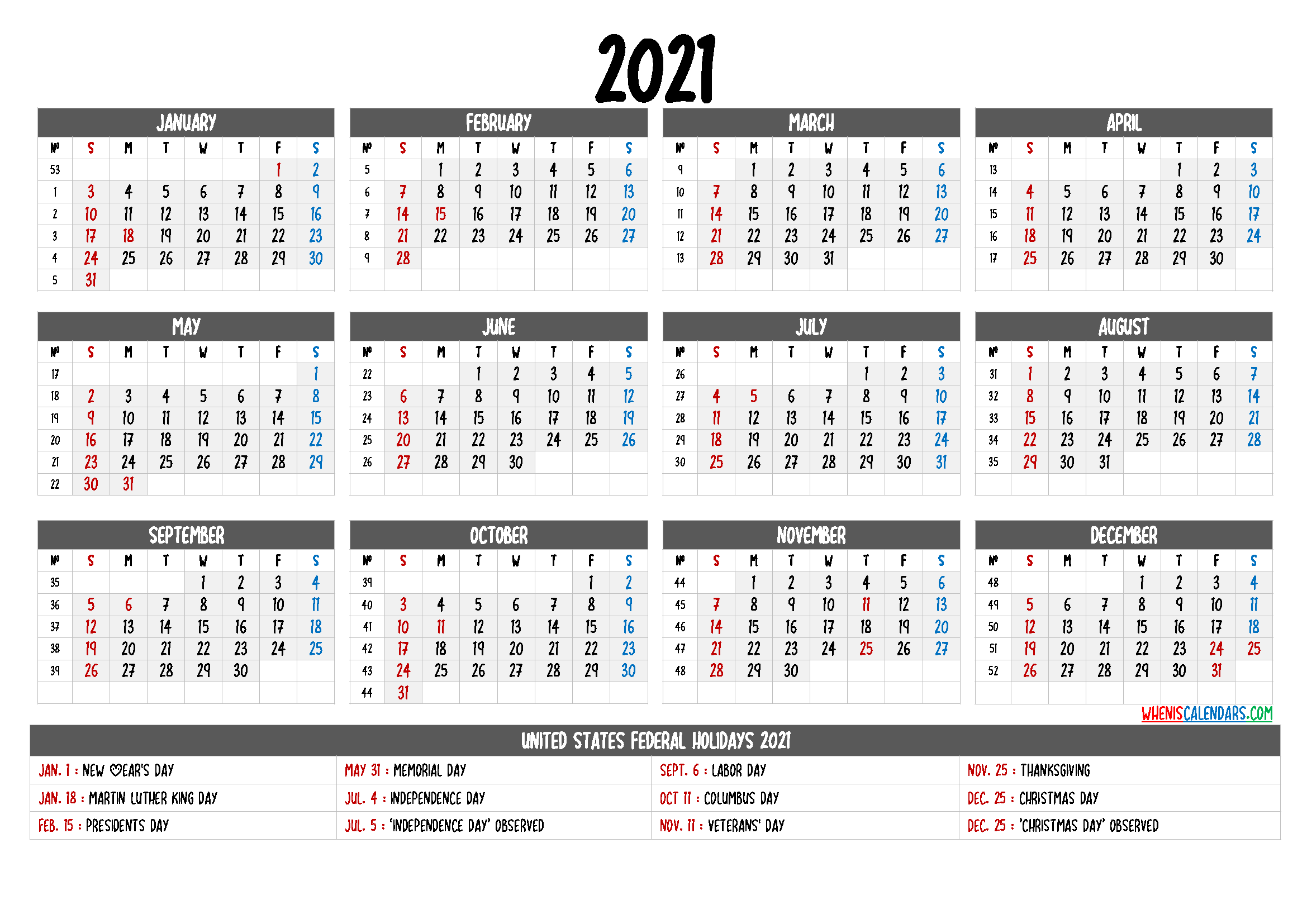 Printable 2021 Calendar with Holidays