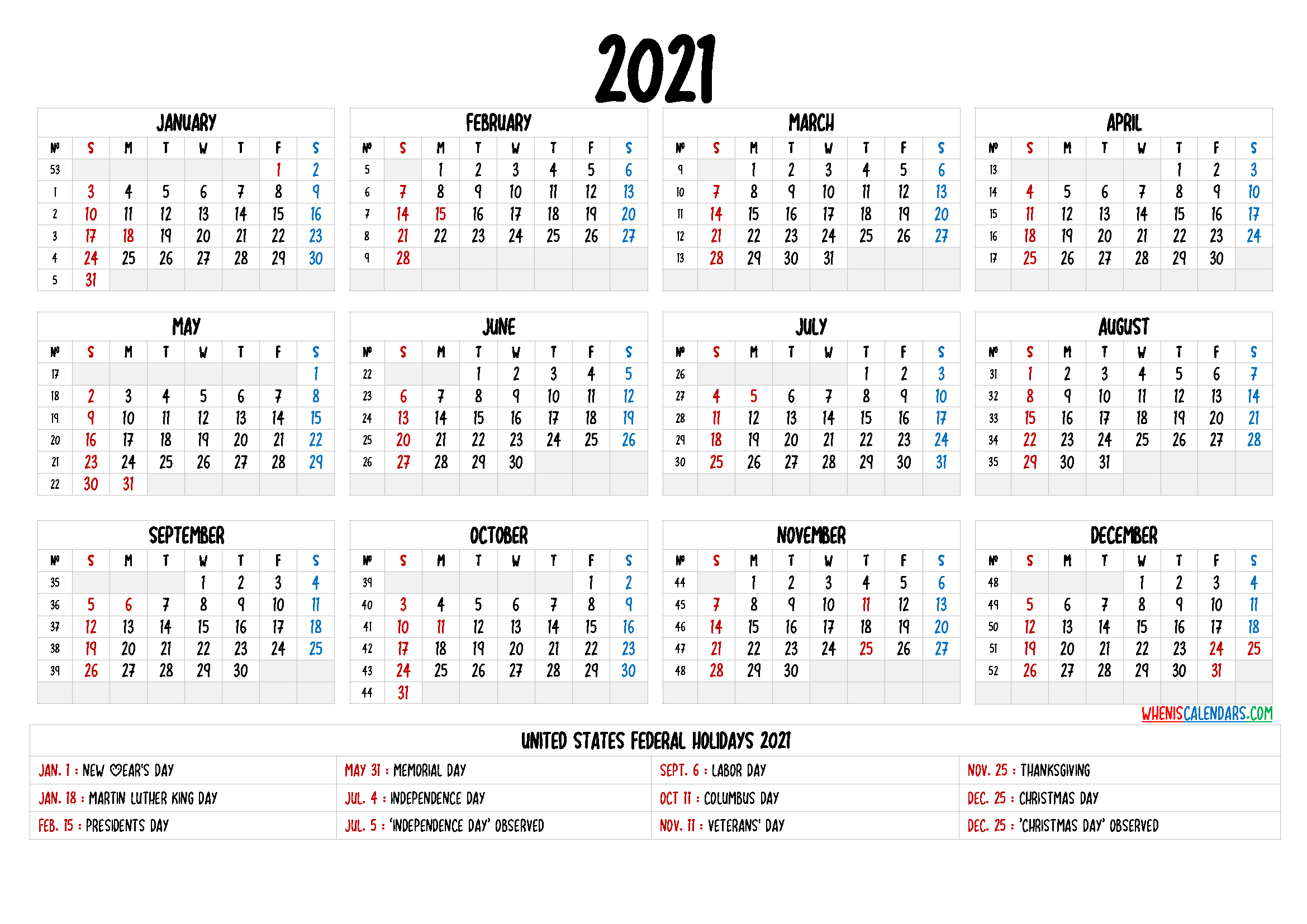 Free 2021 Printable Calendar with Week Numbers