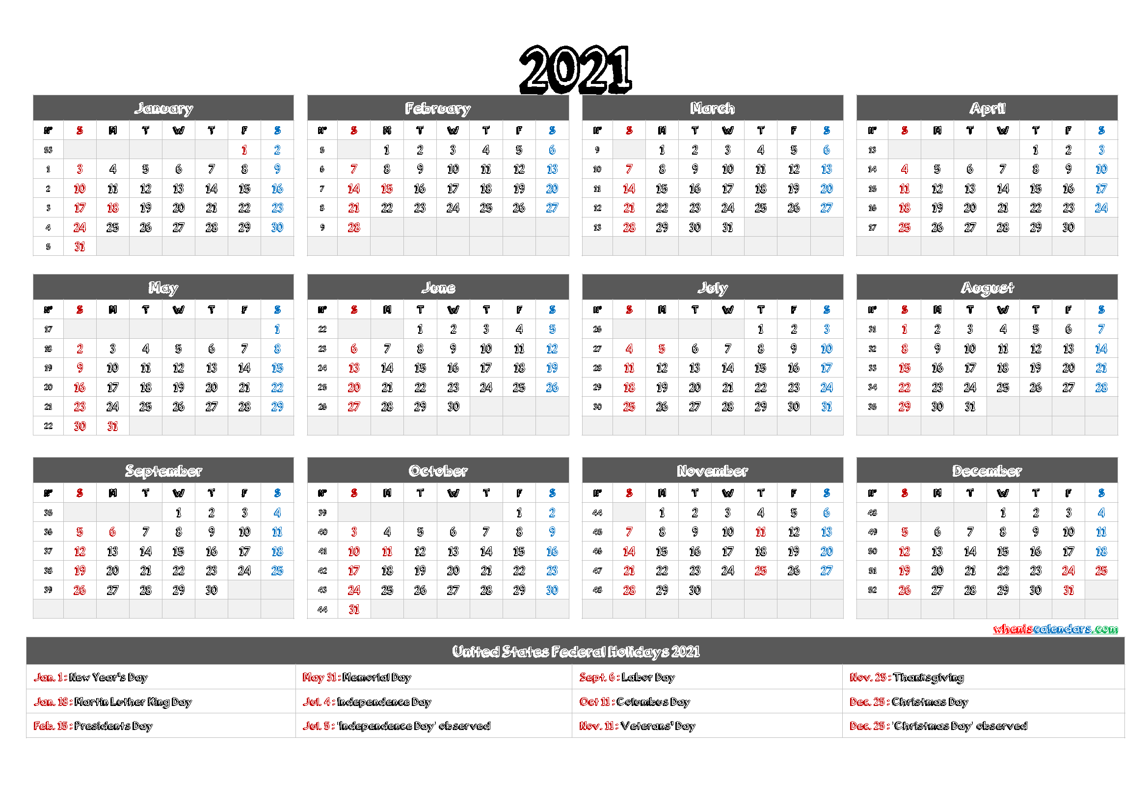 2021 Calendar Printable PDF - 12 Templates - Free 2020 and ...