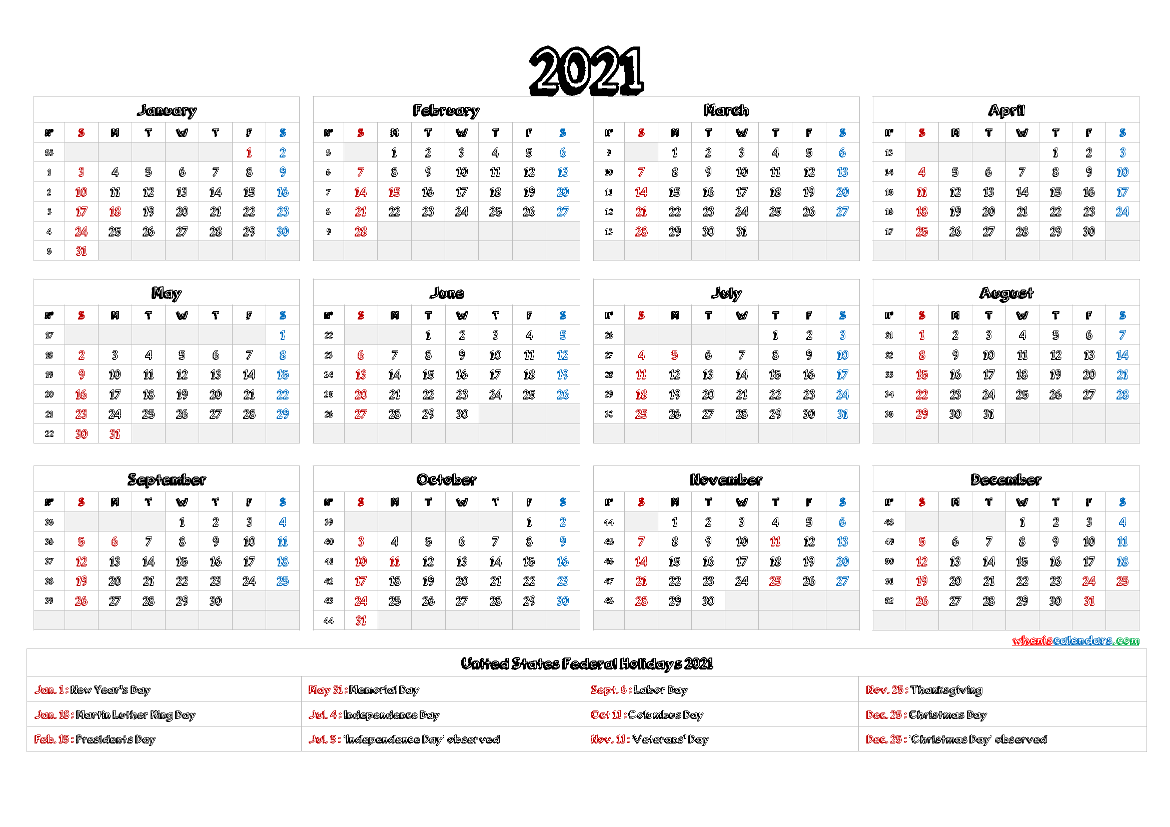 2021 Calendar with Week Numbers Printable - 6 Templates ...