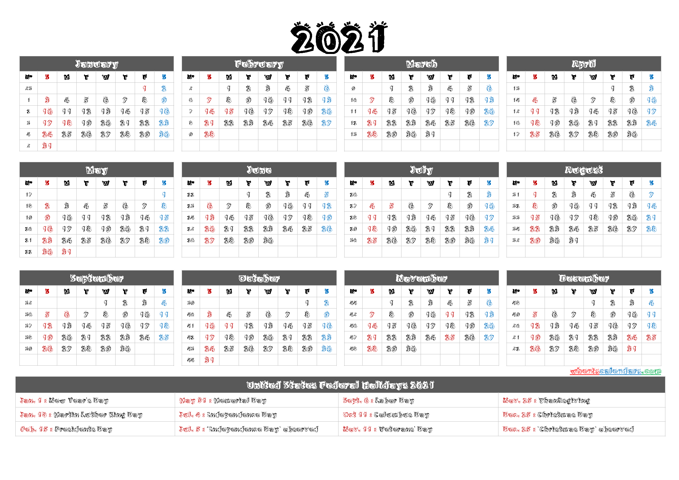 Printable 2021 Calendar with Holidays - 6 Templates