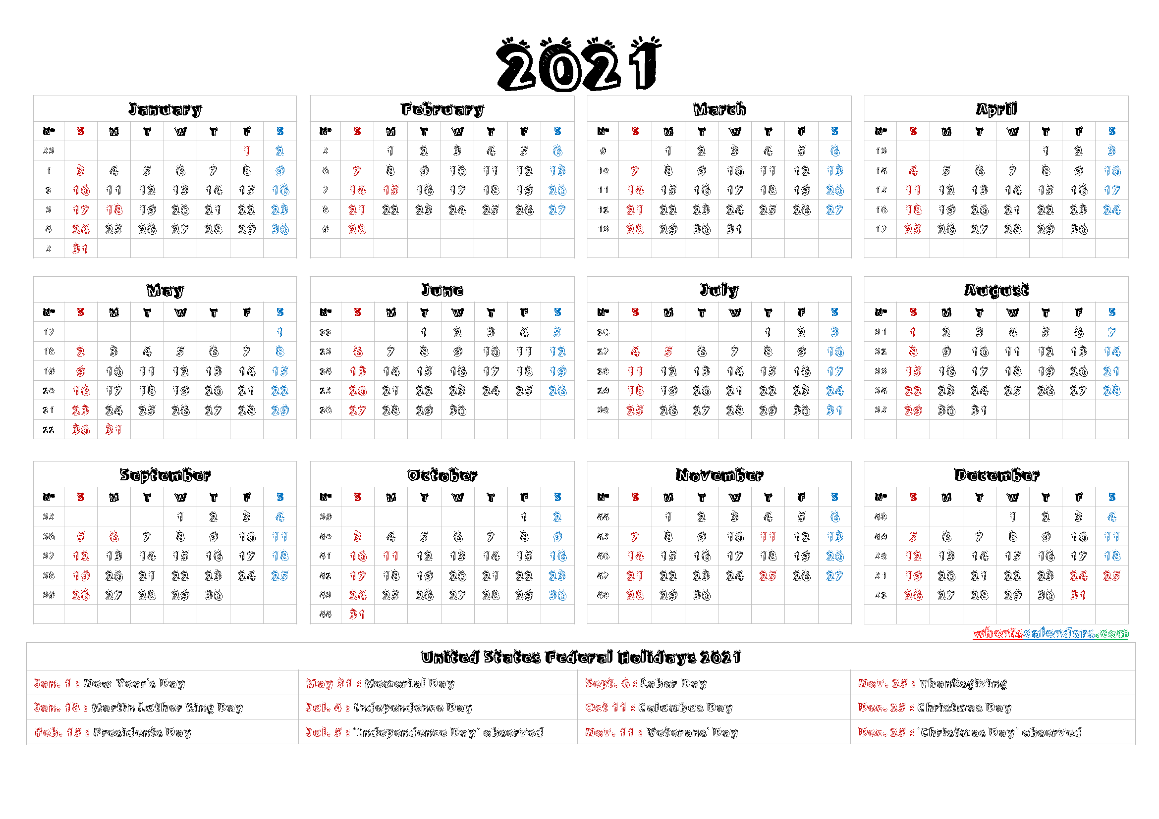 Printable 2021 Calendar with Holidays - 6 Templates - Free ...