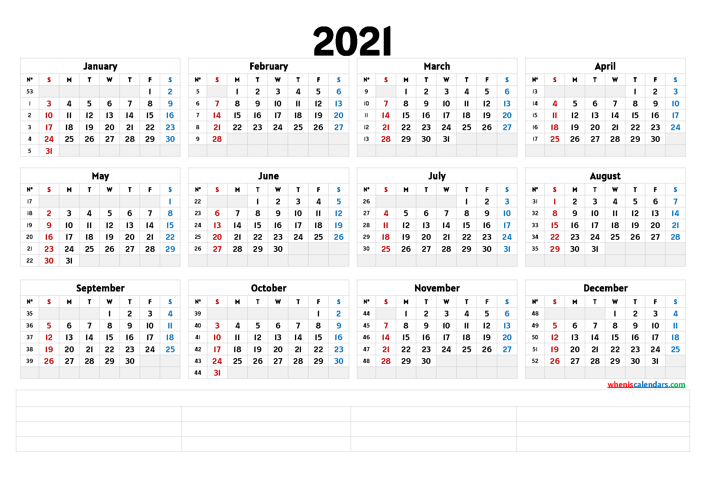 Printable 2021 Yearly Calendar (6 Templates) - Free ...