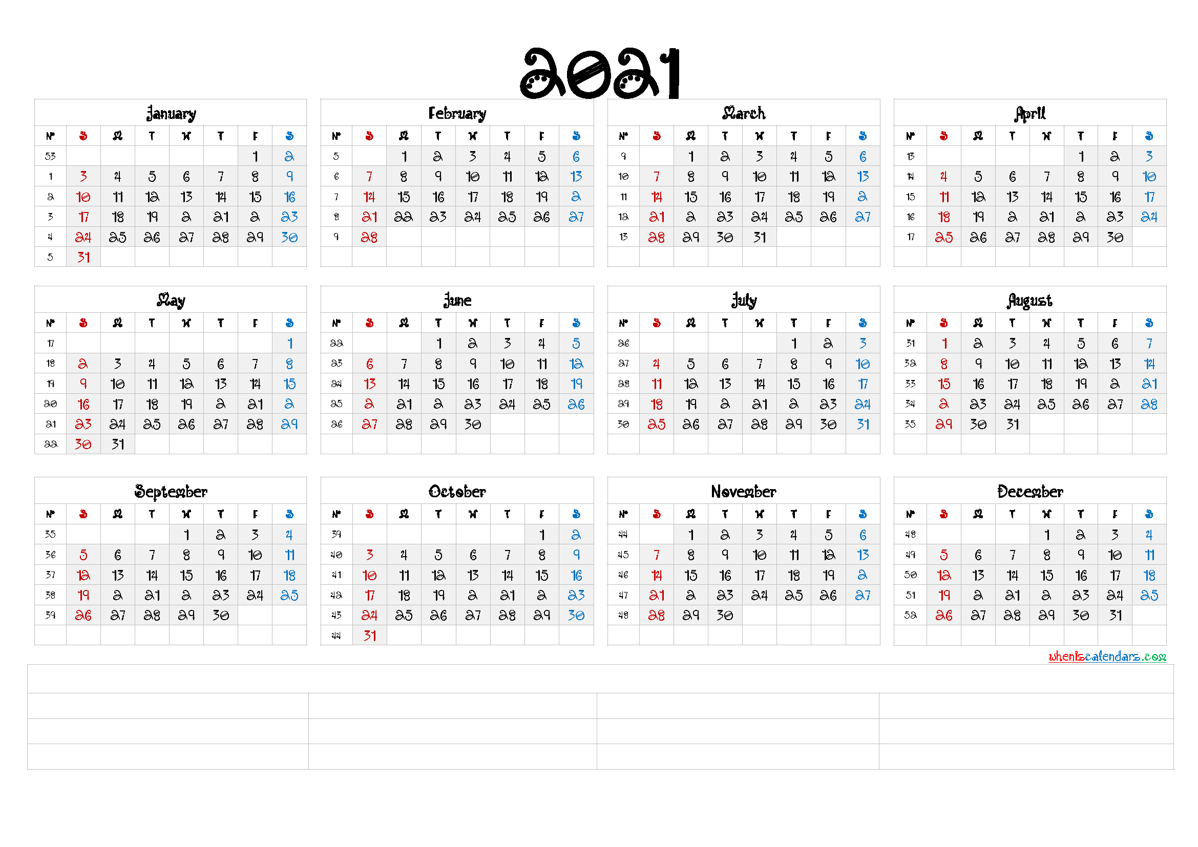 2021 Calendar With Week Number Printable Free : Free ...