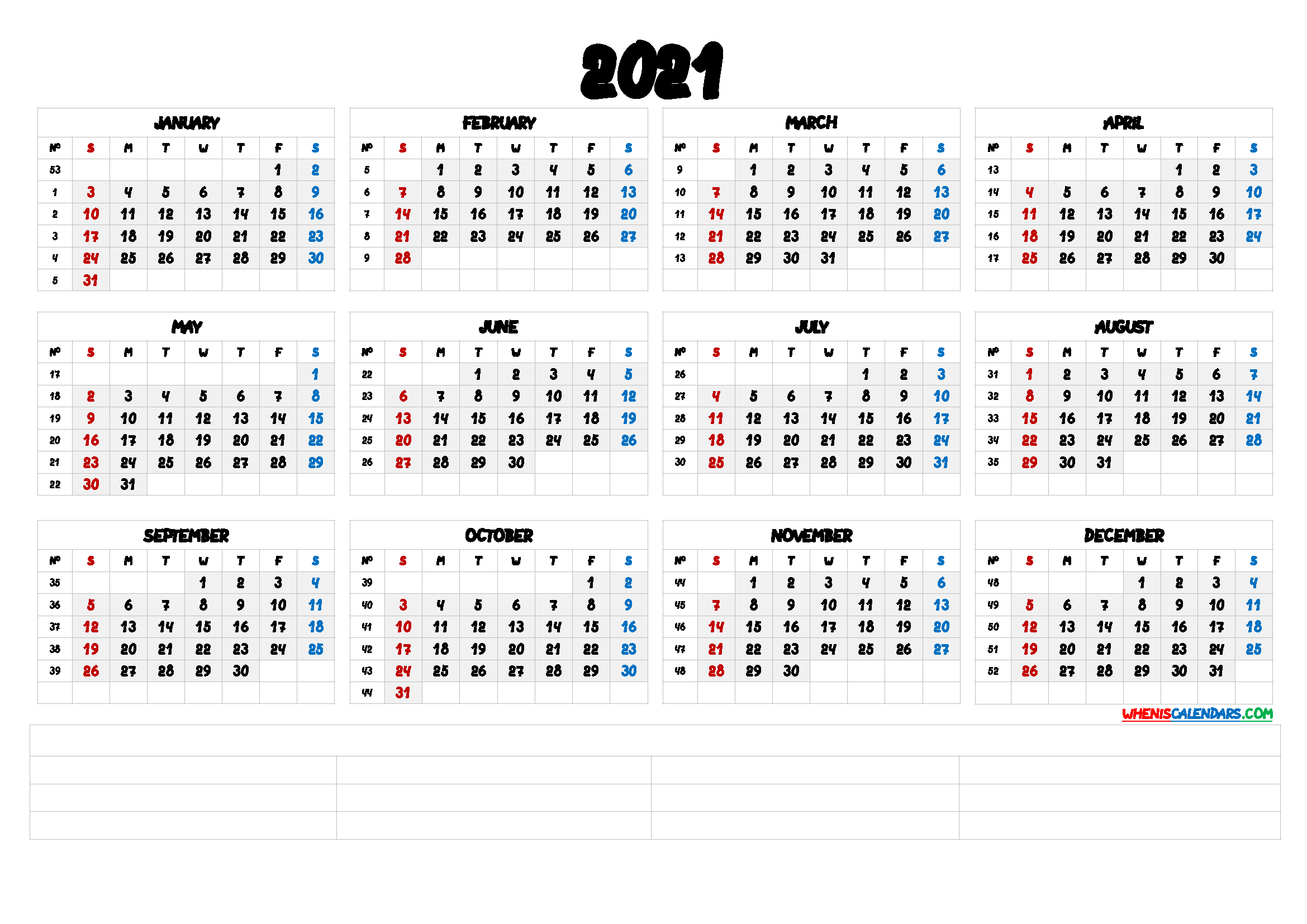 2021 Calendar With Week Number Printable Free : FREE Free ...
