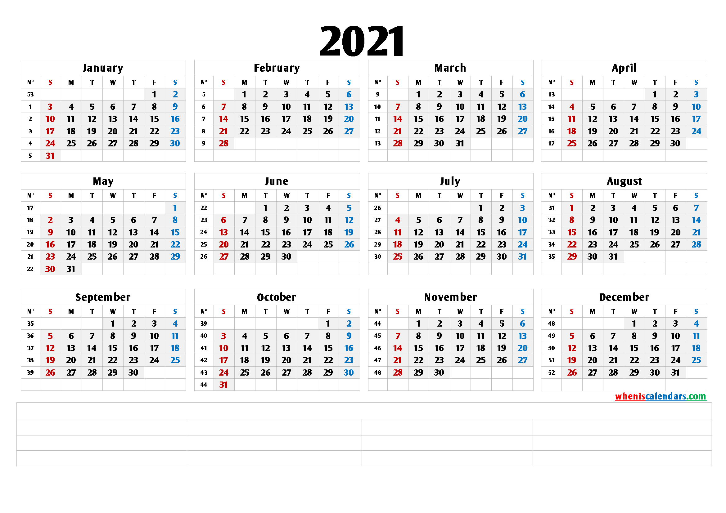 2021 Printable Yearly Calendar with Week Numbers (6 ...