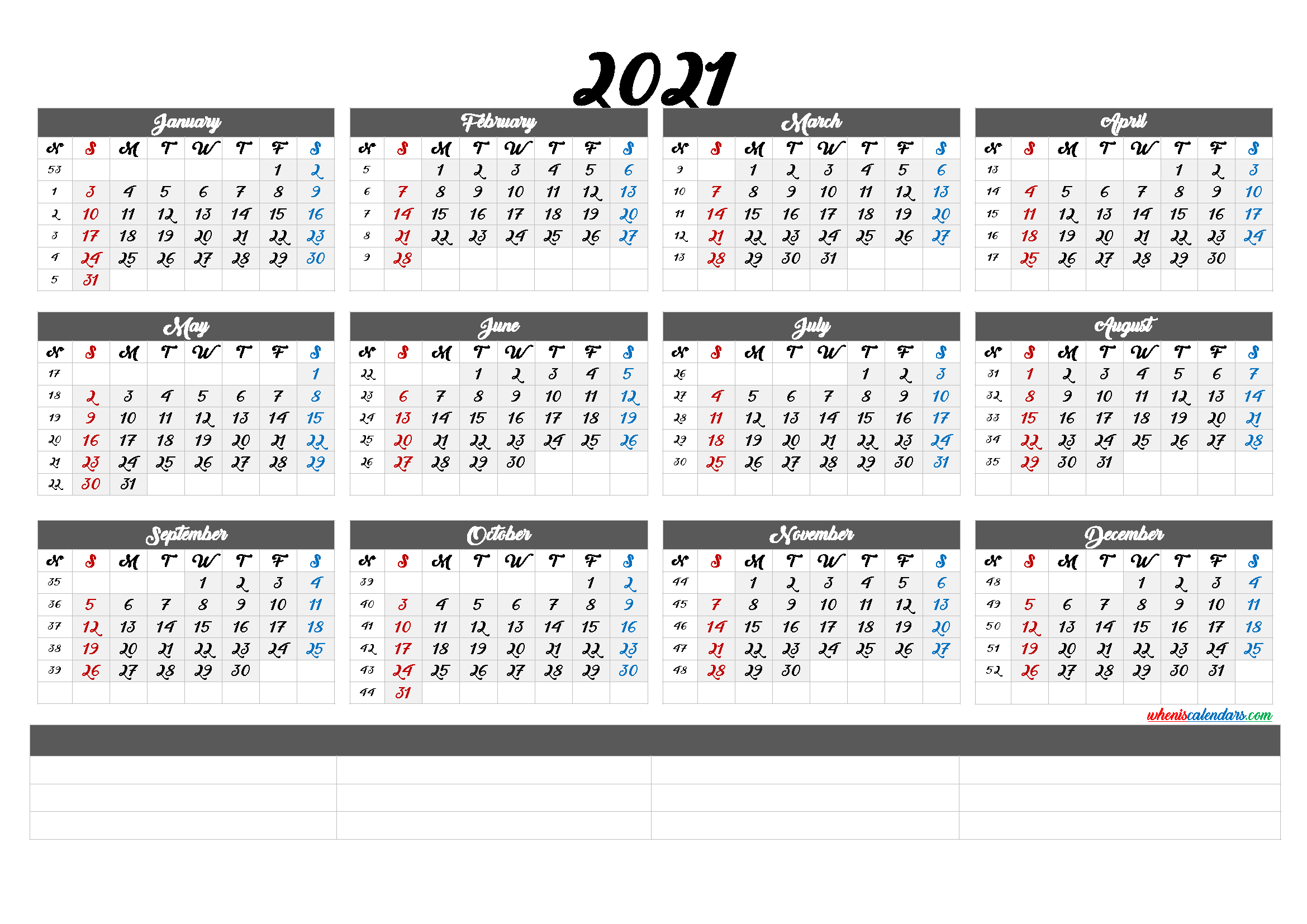 12 Month Calendar Printable 2021 (6 Templates) - Free 2020 ...