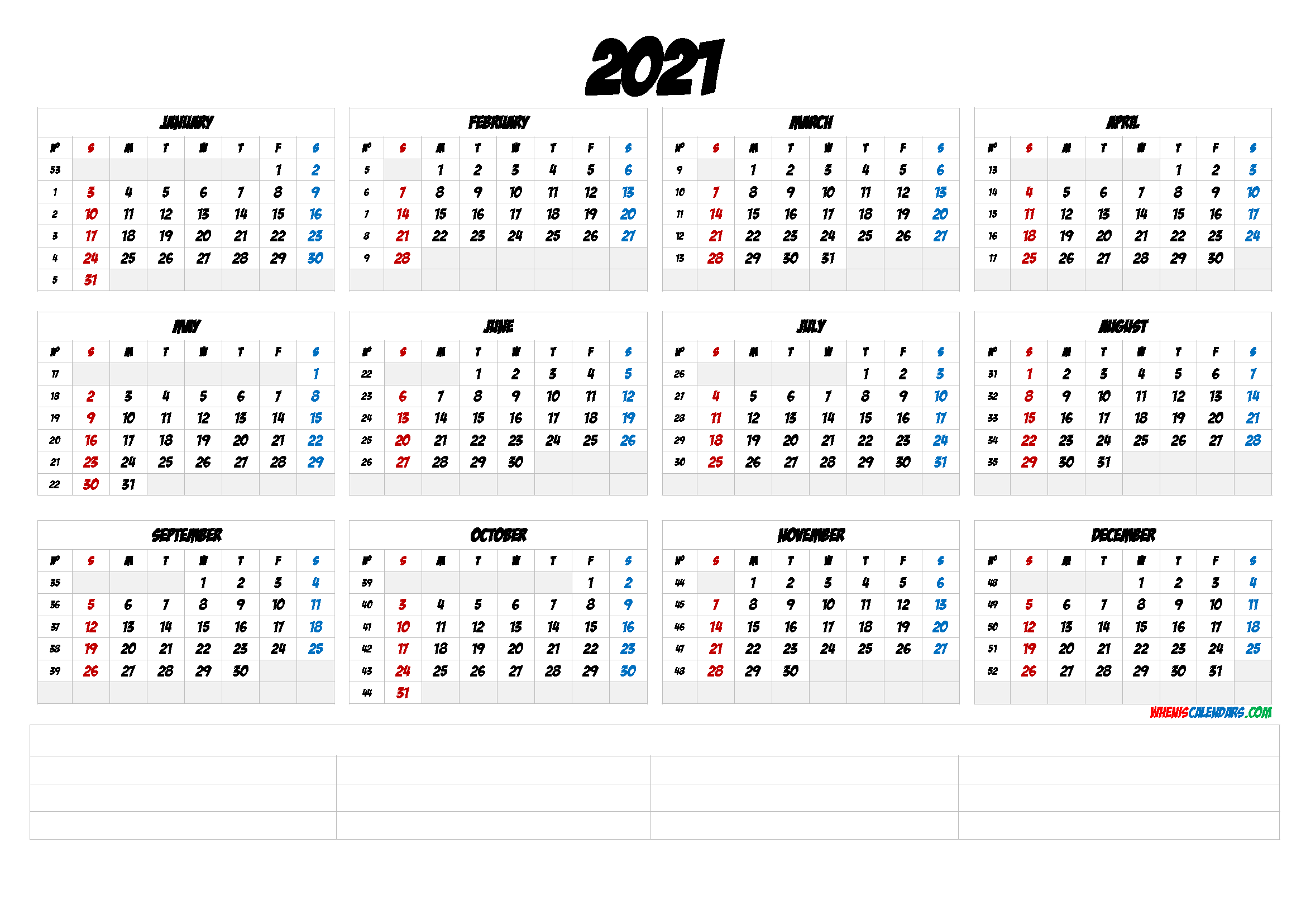 2021 Printable Yearly Calendar with Week Numbers (6