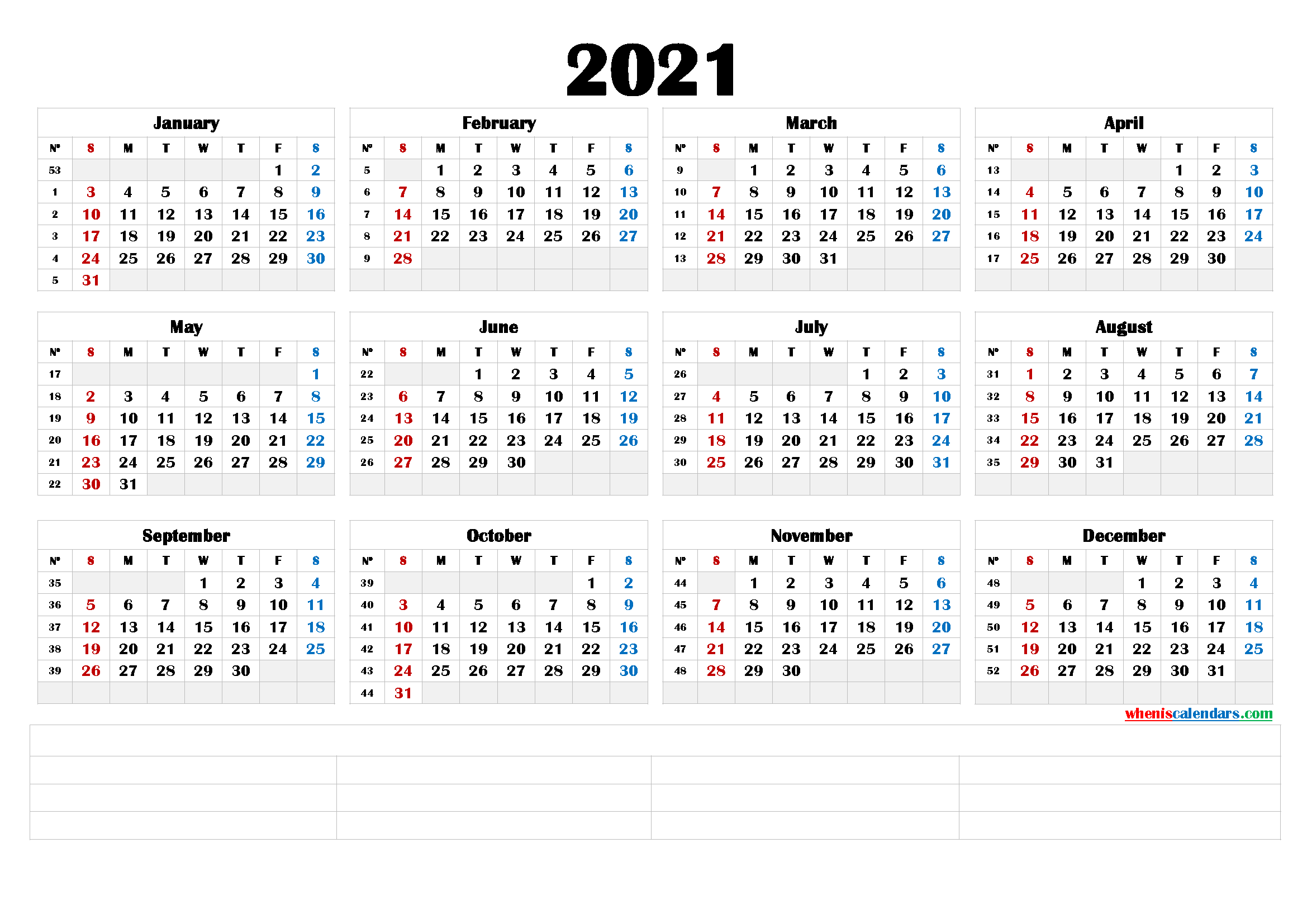 2021 Printable Yearly Calendar with Week Numbers (6 Templates)