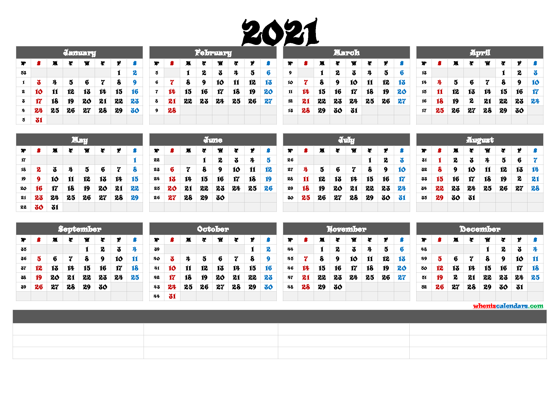 Printable 2021 Yearly Calendar with Week Numbers (6 Templates)