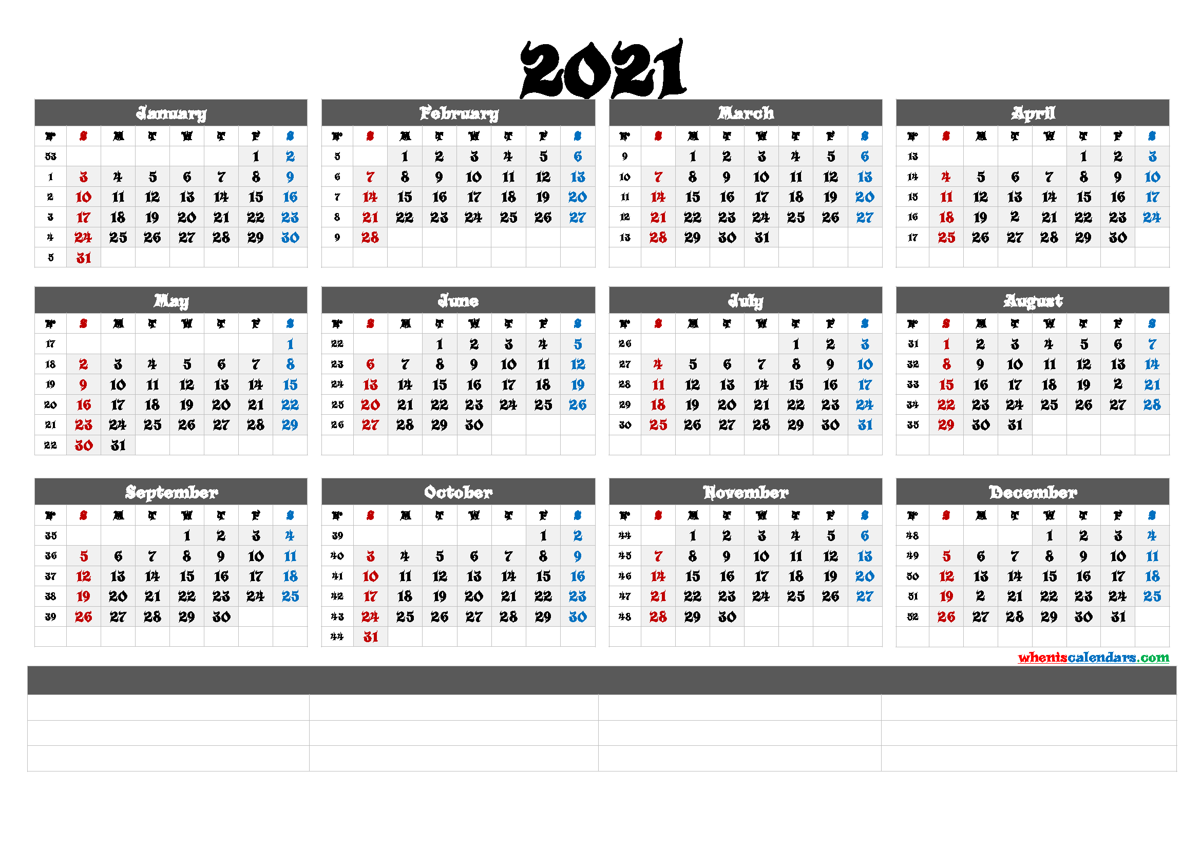 Printable 2021 Yearly Calendar with Week Numbers (6 ...