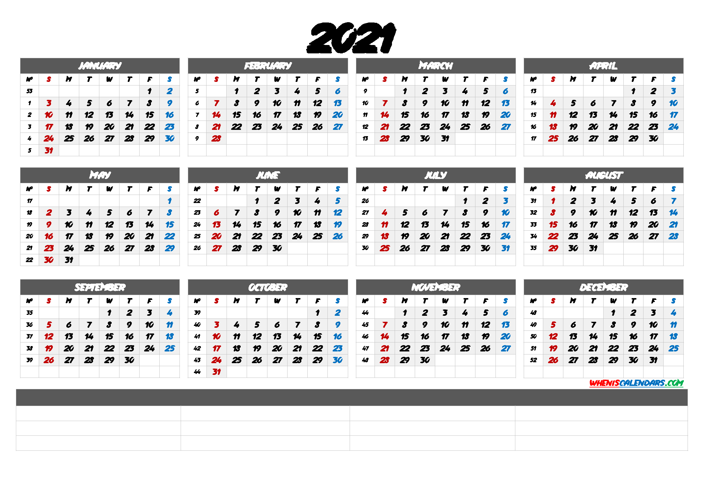 2021 Calendar With Week Number Printable Free : 2021 ...