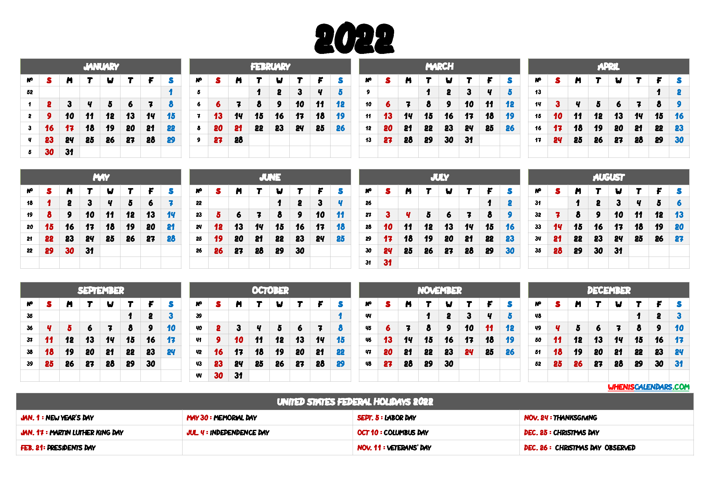 Free Blank Calendar 2022 Printable