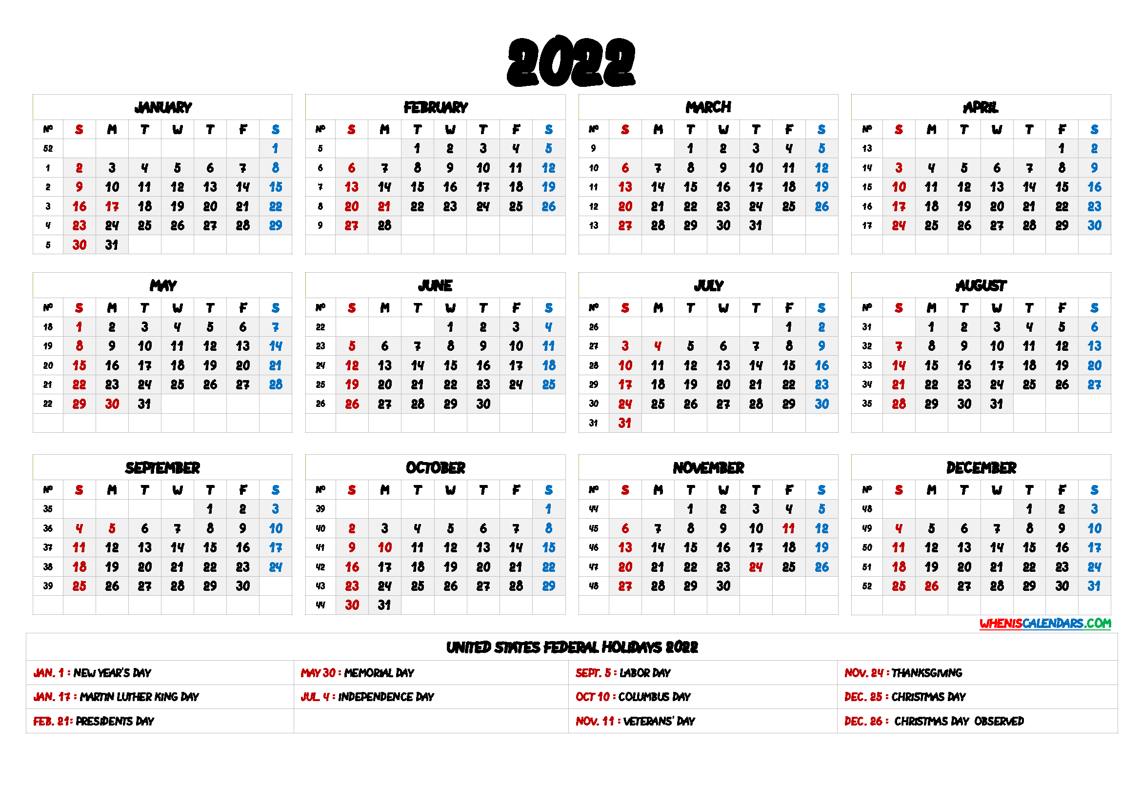 Free Printable 2022 Yearly Calendar with Holidays - 9 ...