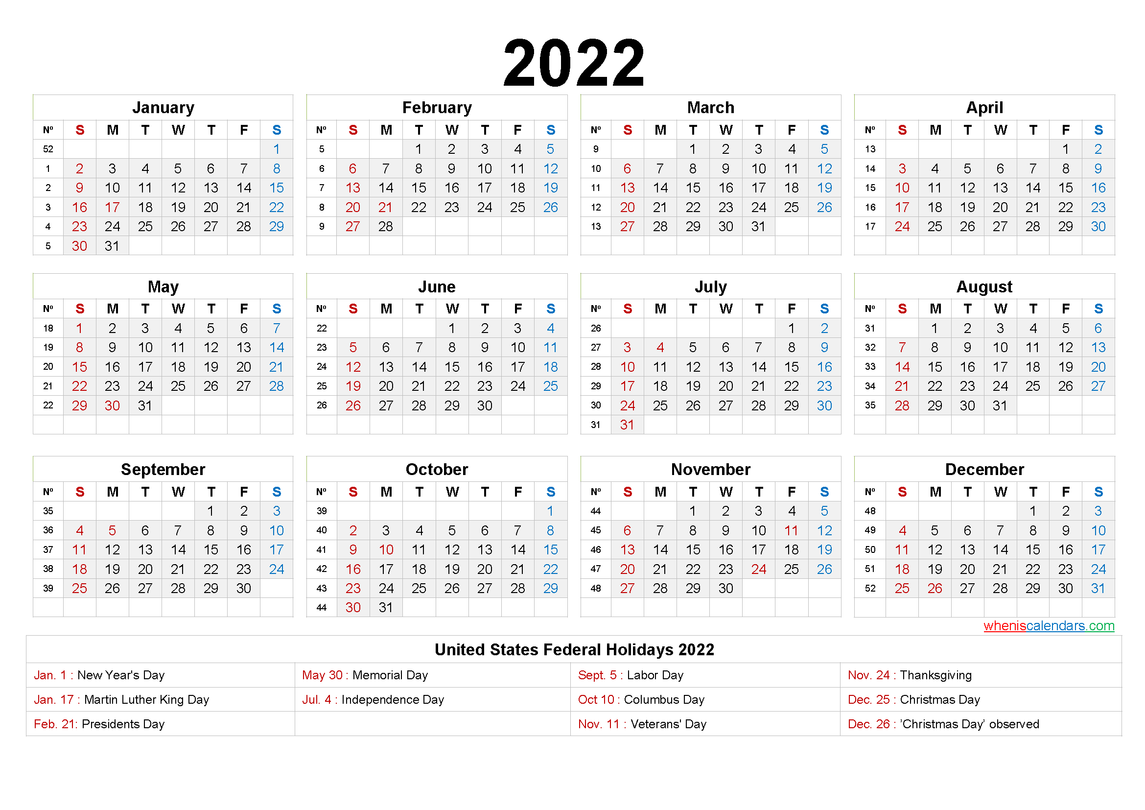 Free 2022 Calendar Printable PDF