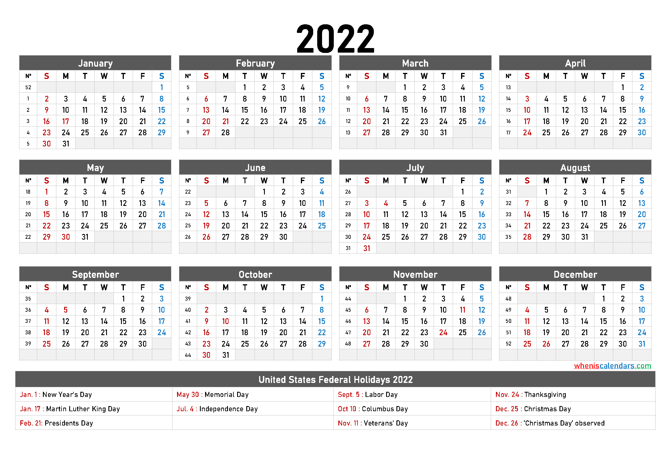 Free 2022 Yearly Calendar Printable