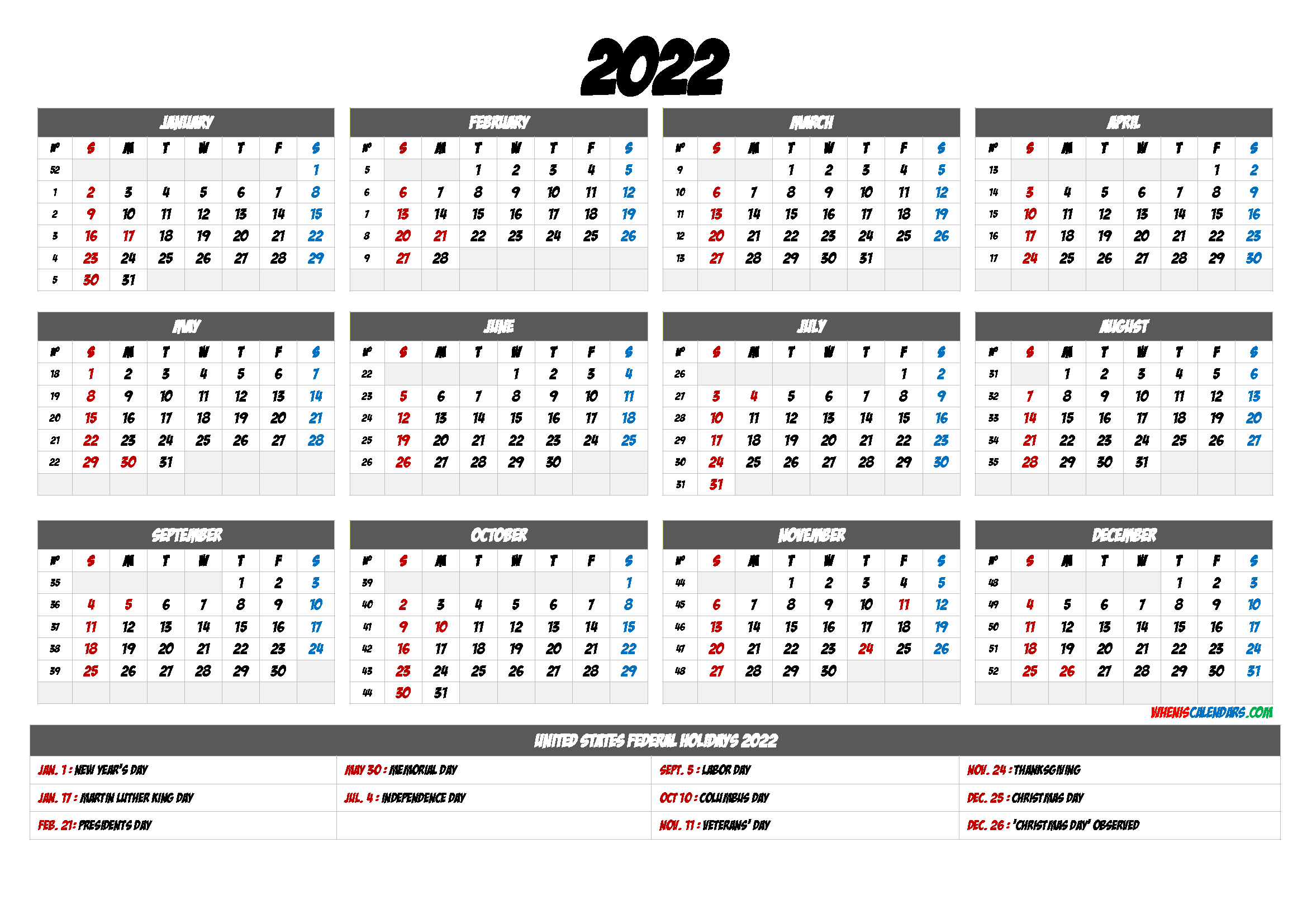 Free Printable 2022 Calendar with Holidays - 9 Templates ...