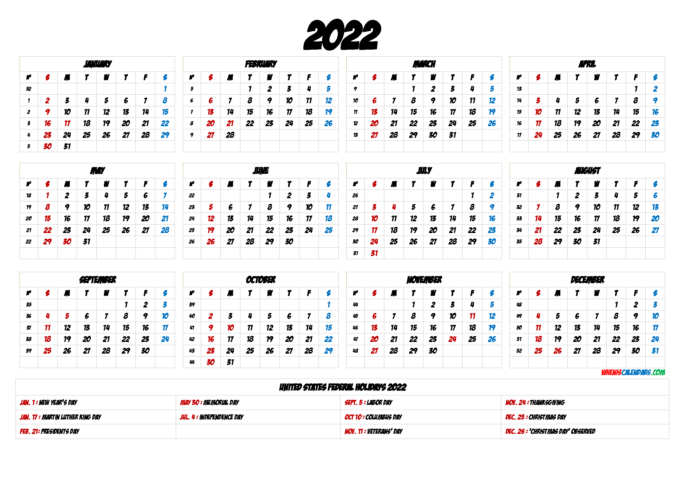 2022 Yearly Calendar template Word