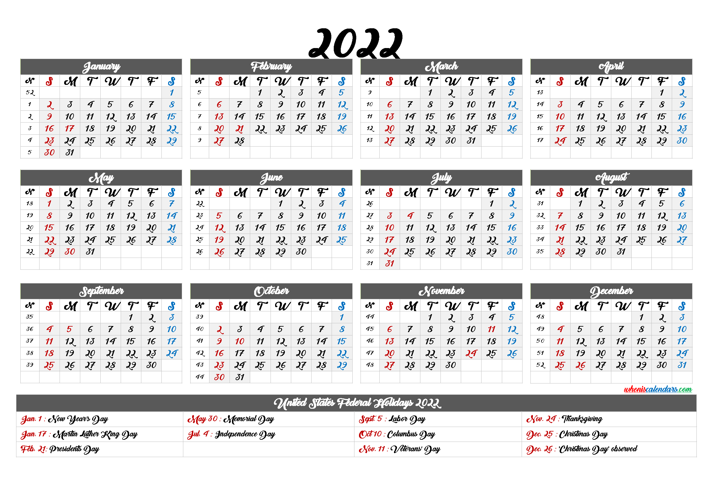 Printable Calendar 2022 with Holidays