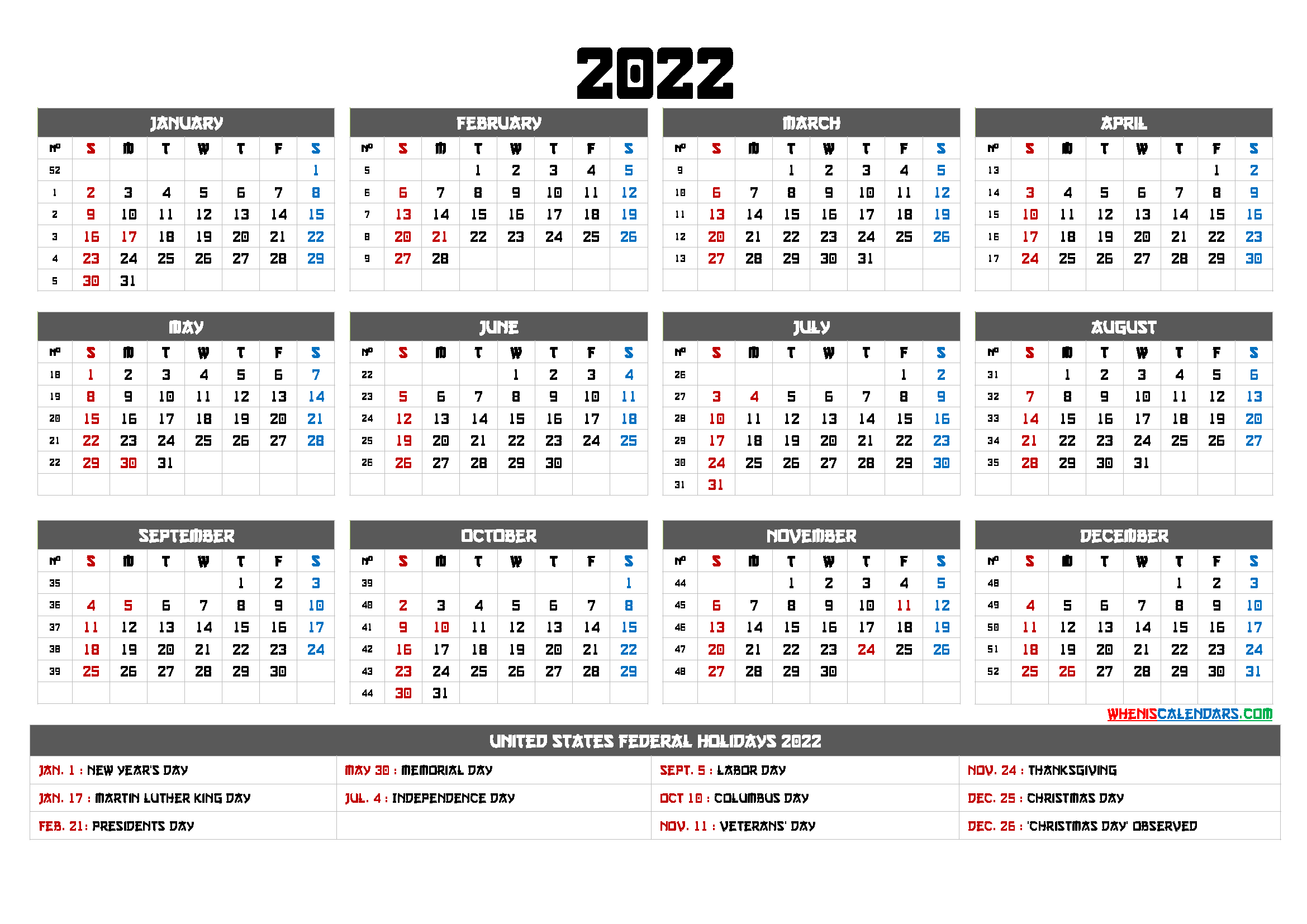 Printable 2022 Calendar with Holidays - 6 Templates