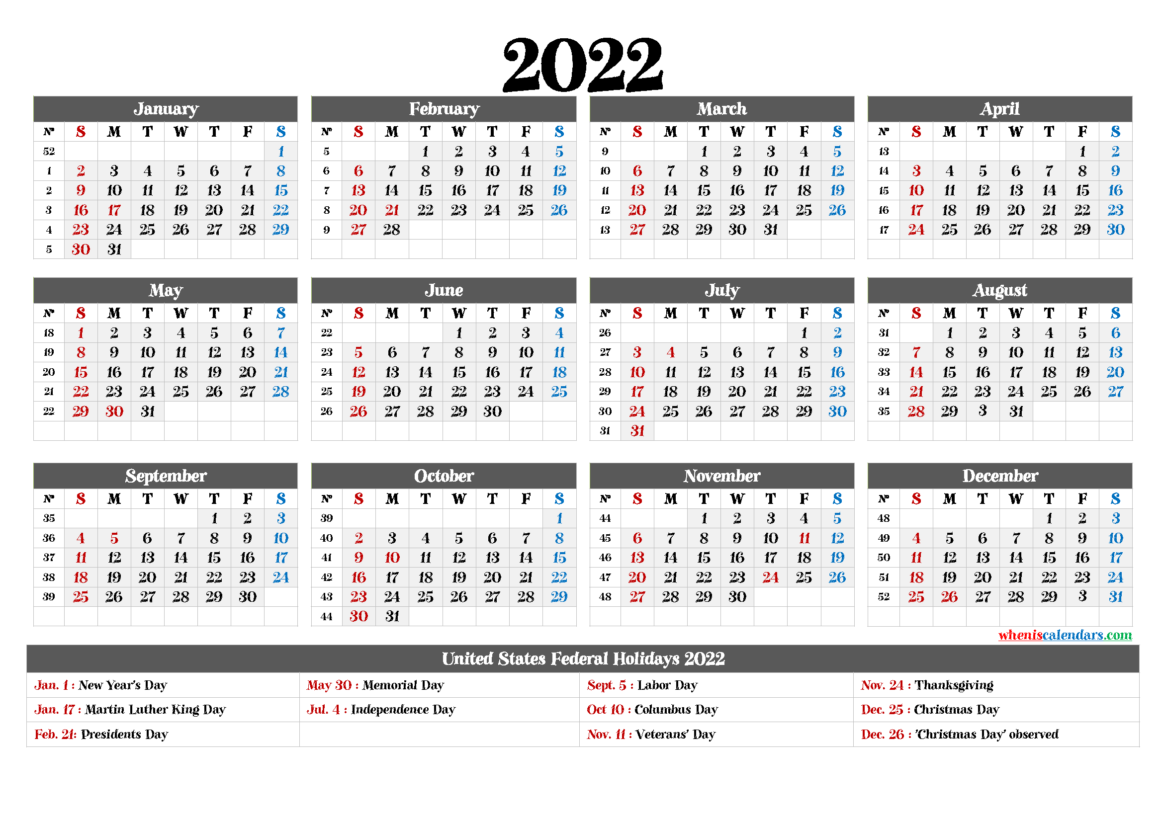 Free Printable 2022 Calendar