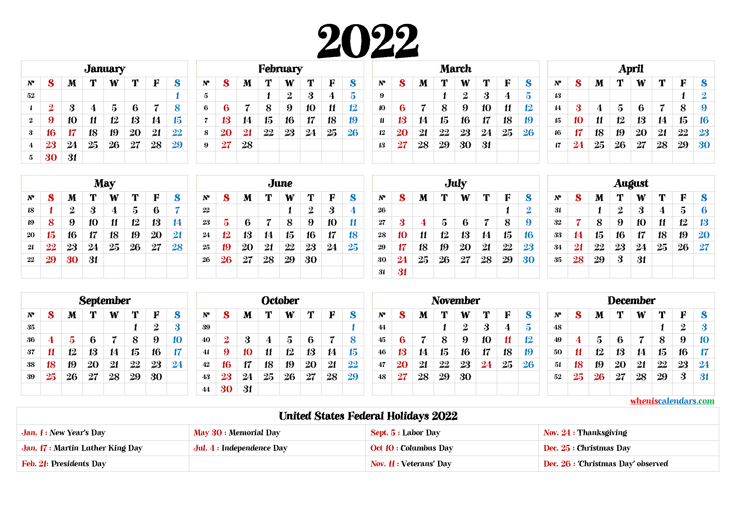 2022 One Page Calendar Printable PDF
