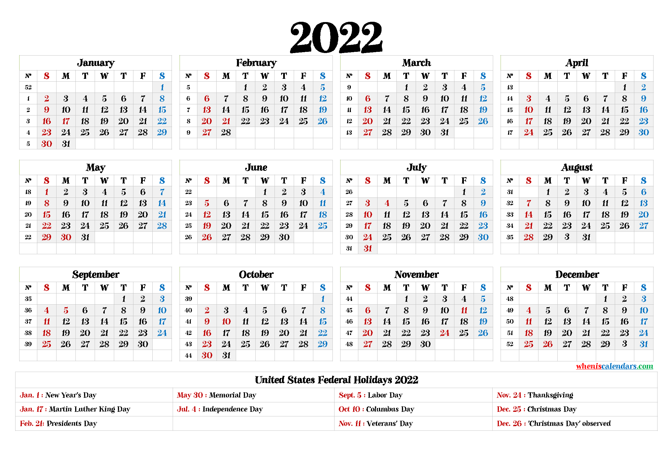 Printable Calendar 2022 Pdf 6 Templates