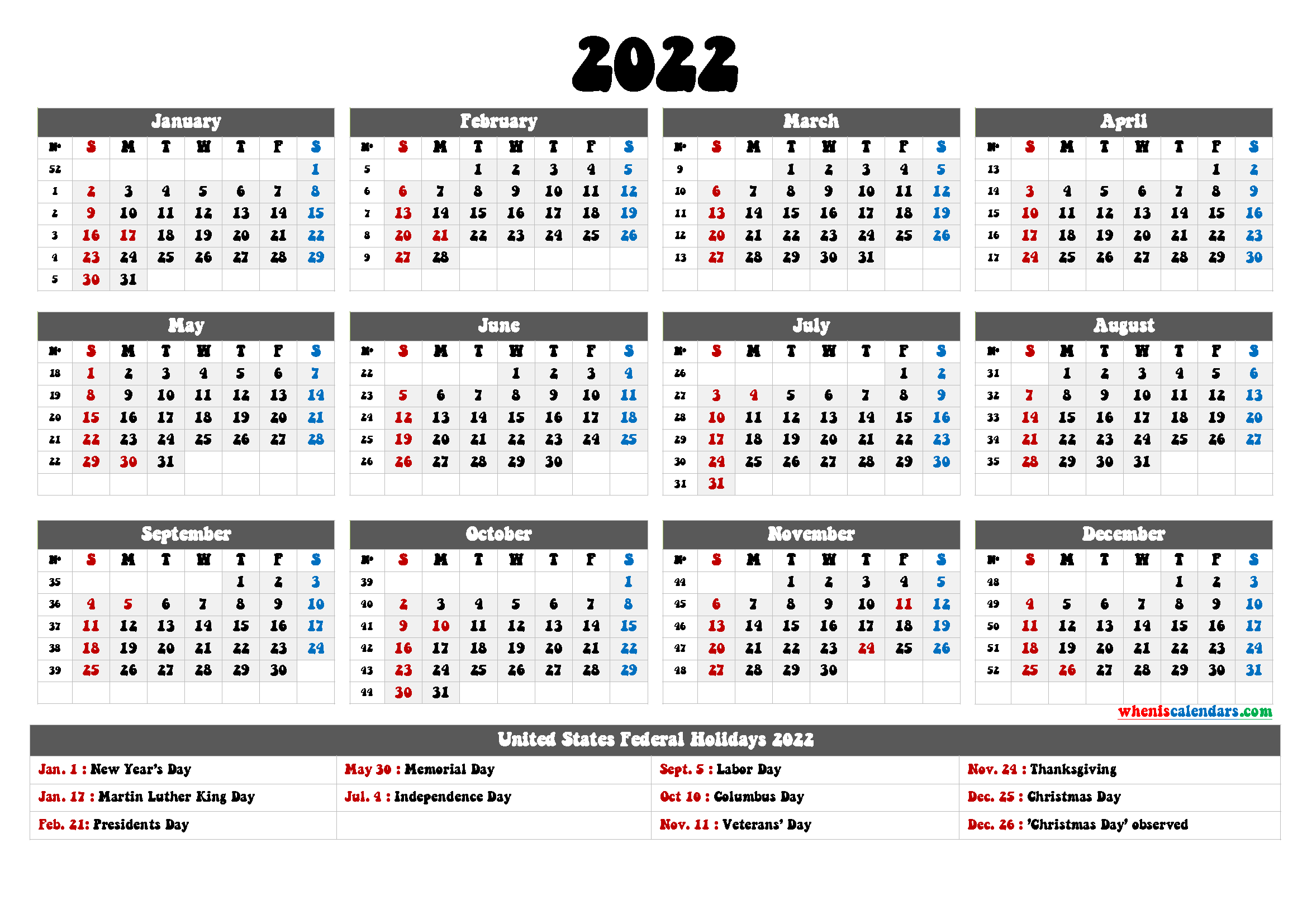 Printable Calendar With Weeks 2022
