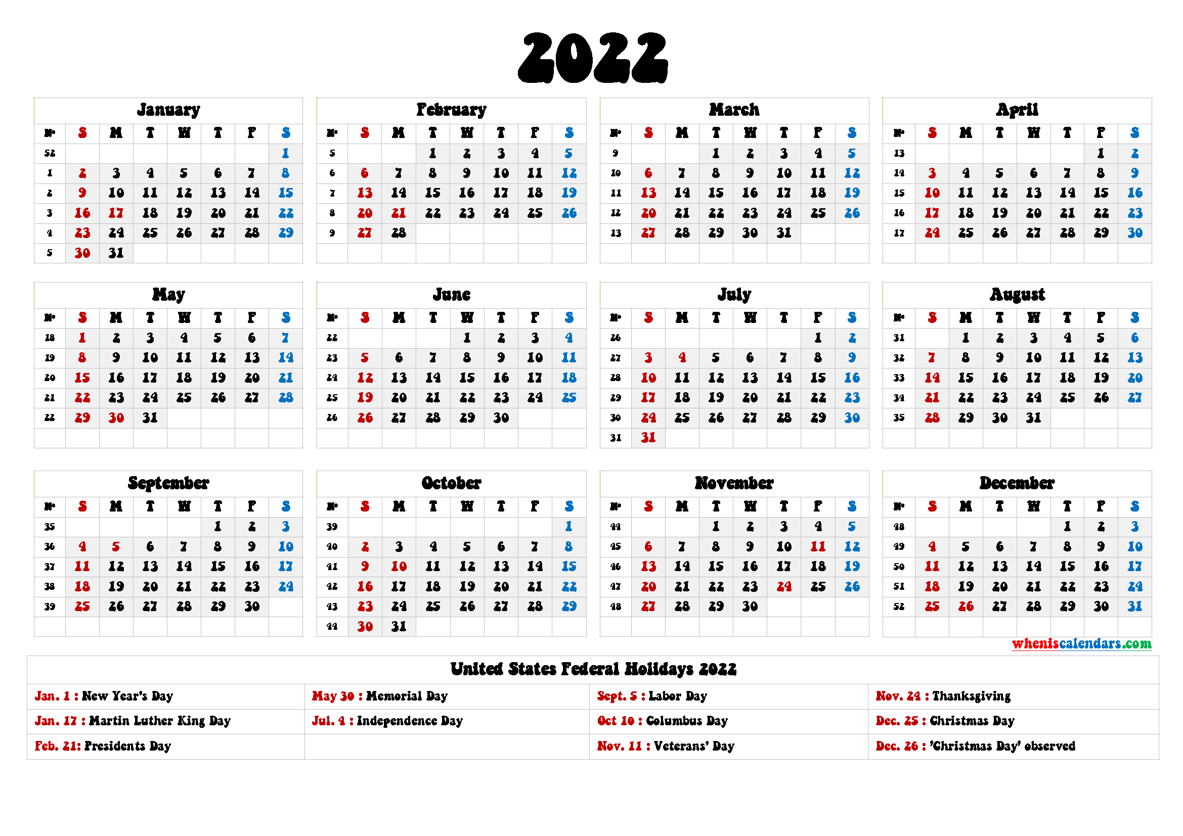 Free Calendar 2022 with Week Numbers
