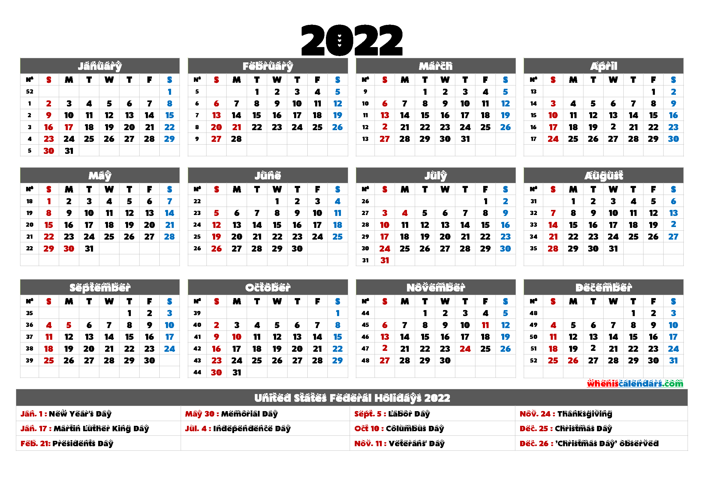 Free Printable 12 Month Calendar 2022