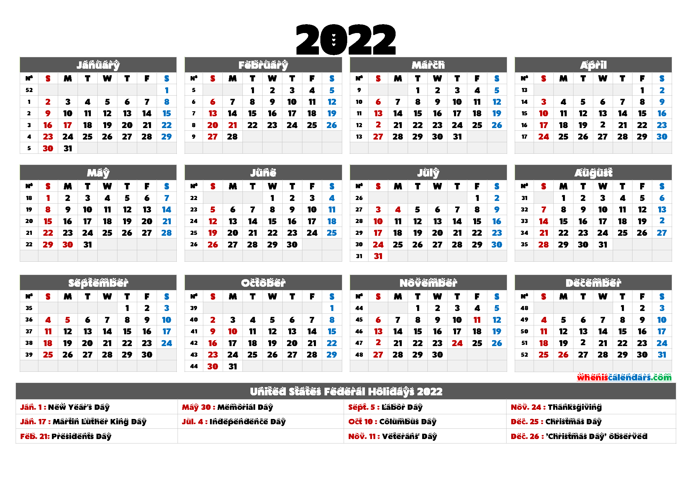 2022 Calendar Printable with Holidays