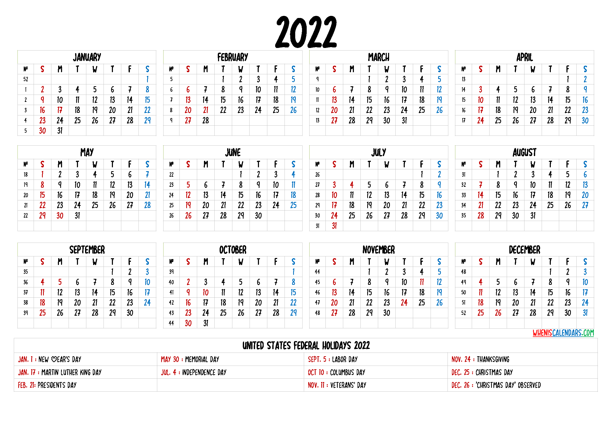 Free Printable 2022 Calendar