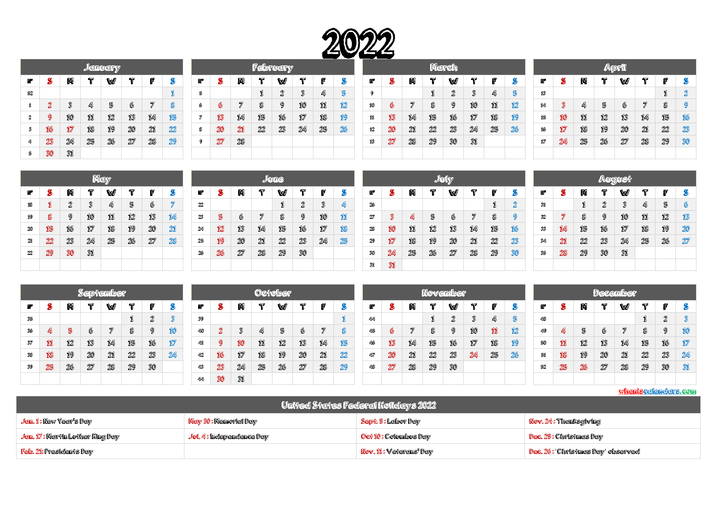 2022 Calendar Printable pdf