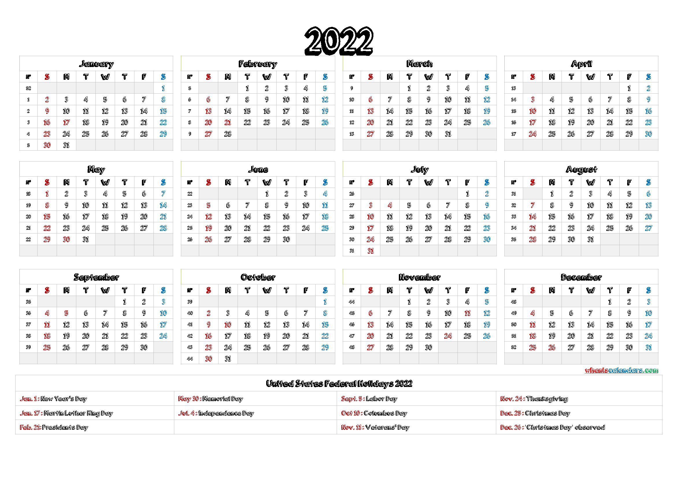 2022 calendar with week numbers 9 templates