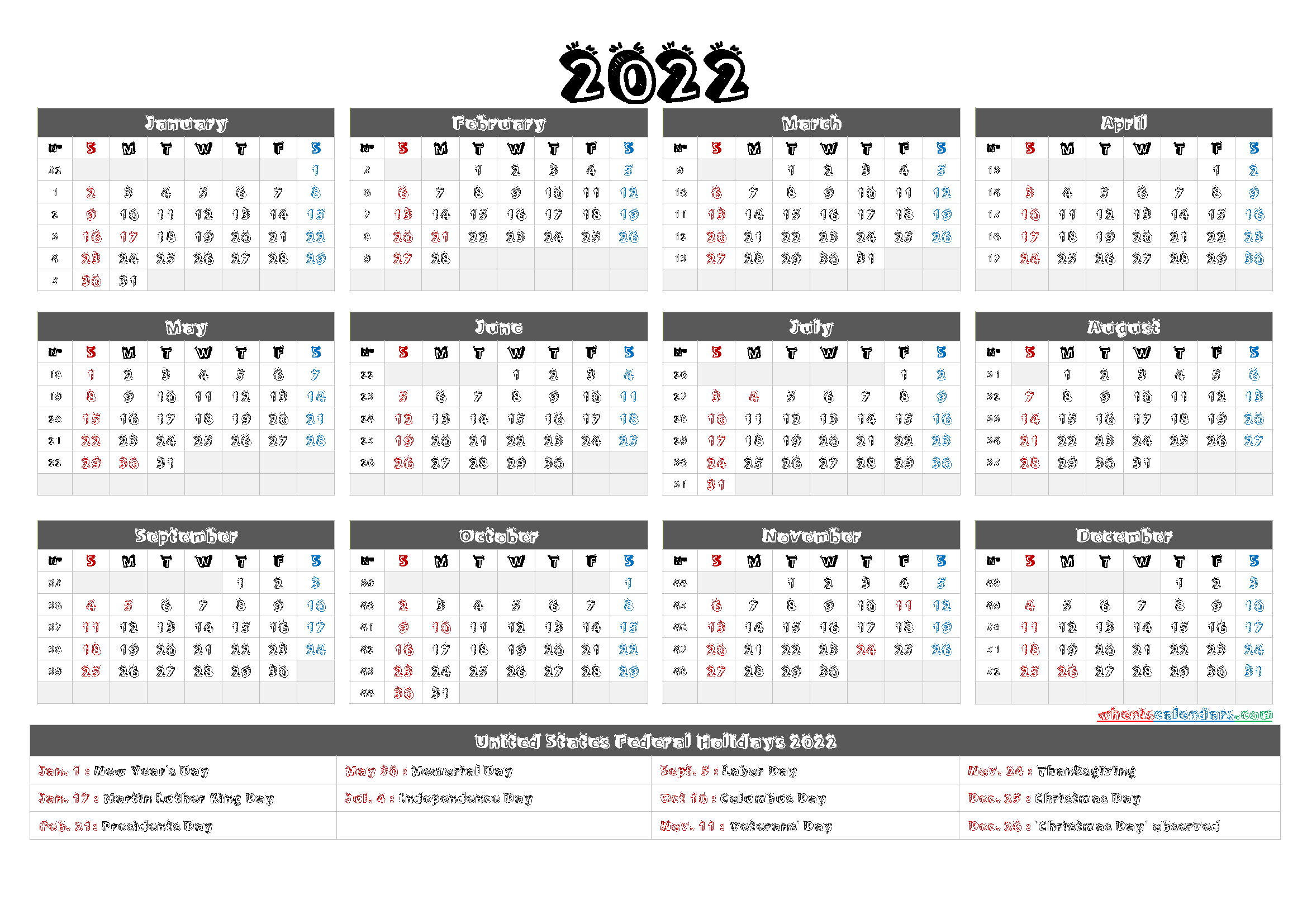 Free Printable 2022 Yearly Calendar With Holidays 9 Templates
