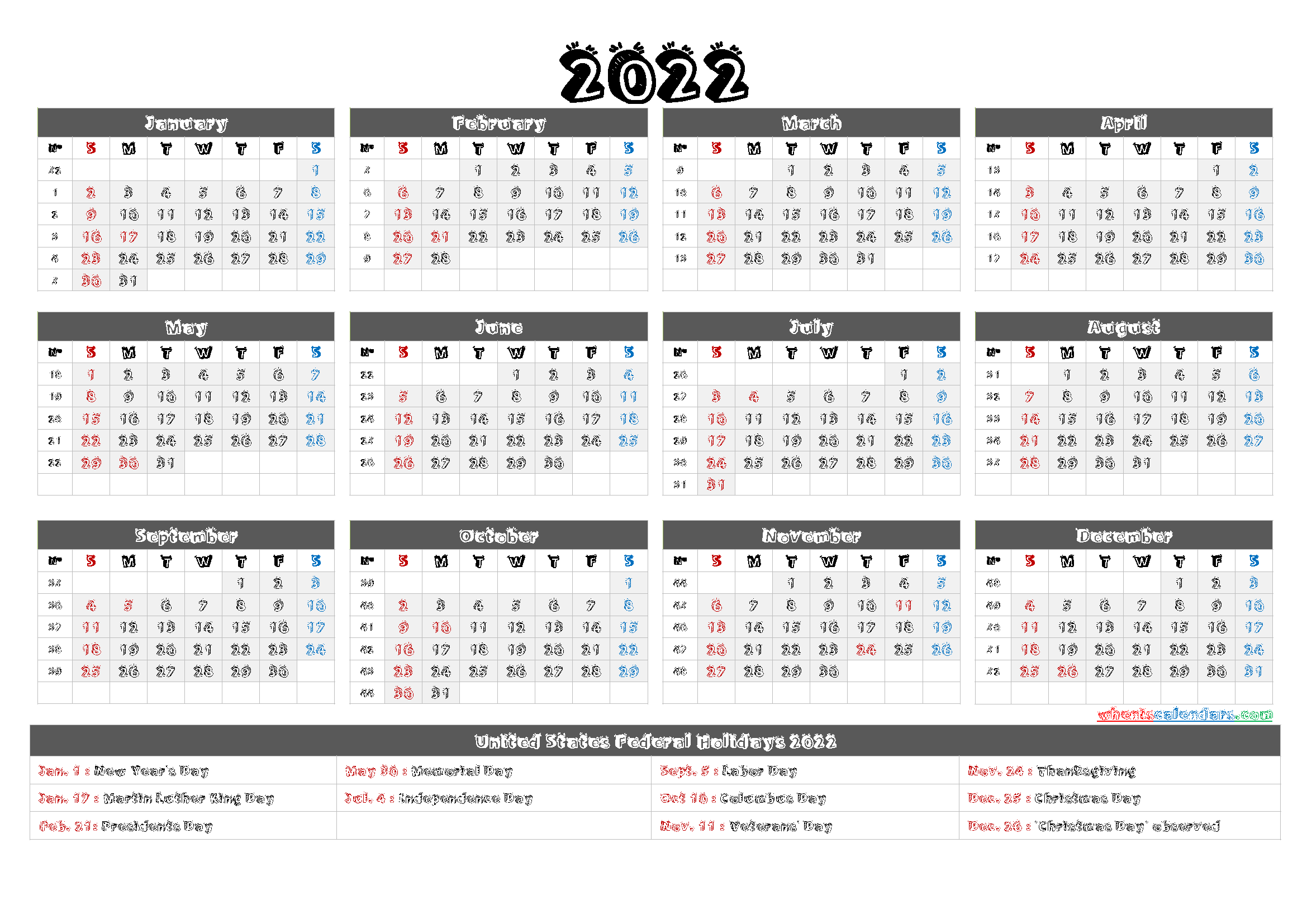 Printable 2022 Calendar with Week Numbers