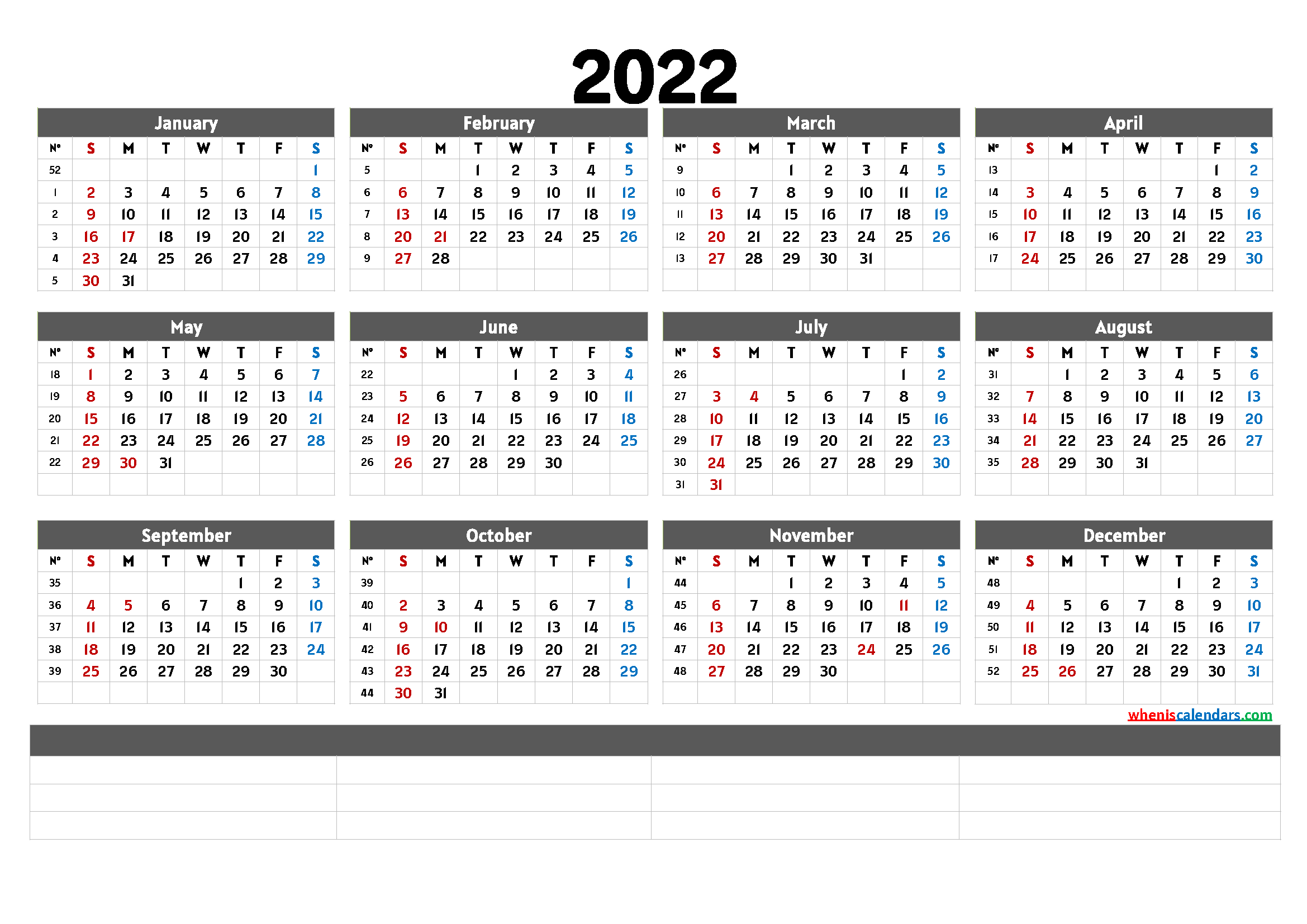 Calendar 2022 with Week Numbers