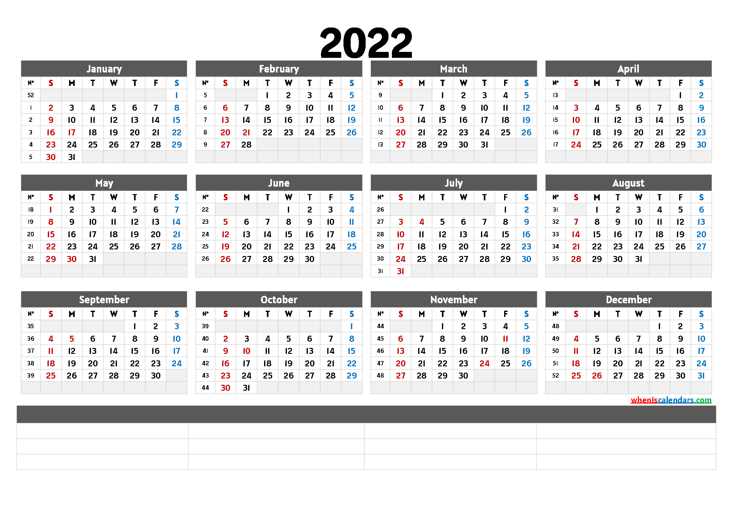 2022 Printable Yearly Sunday Calendar