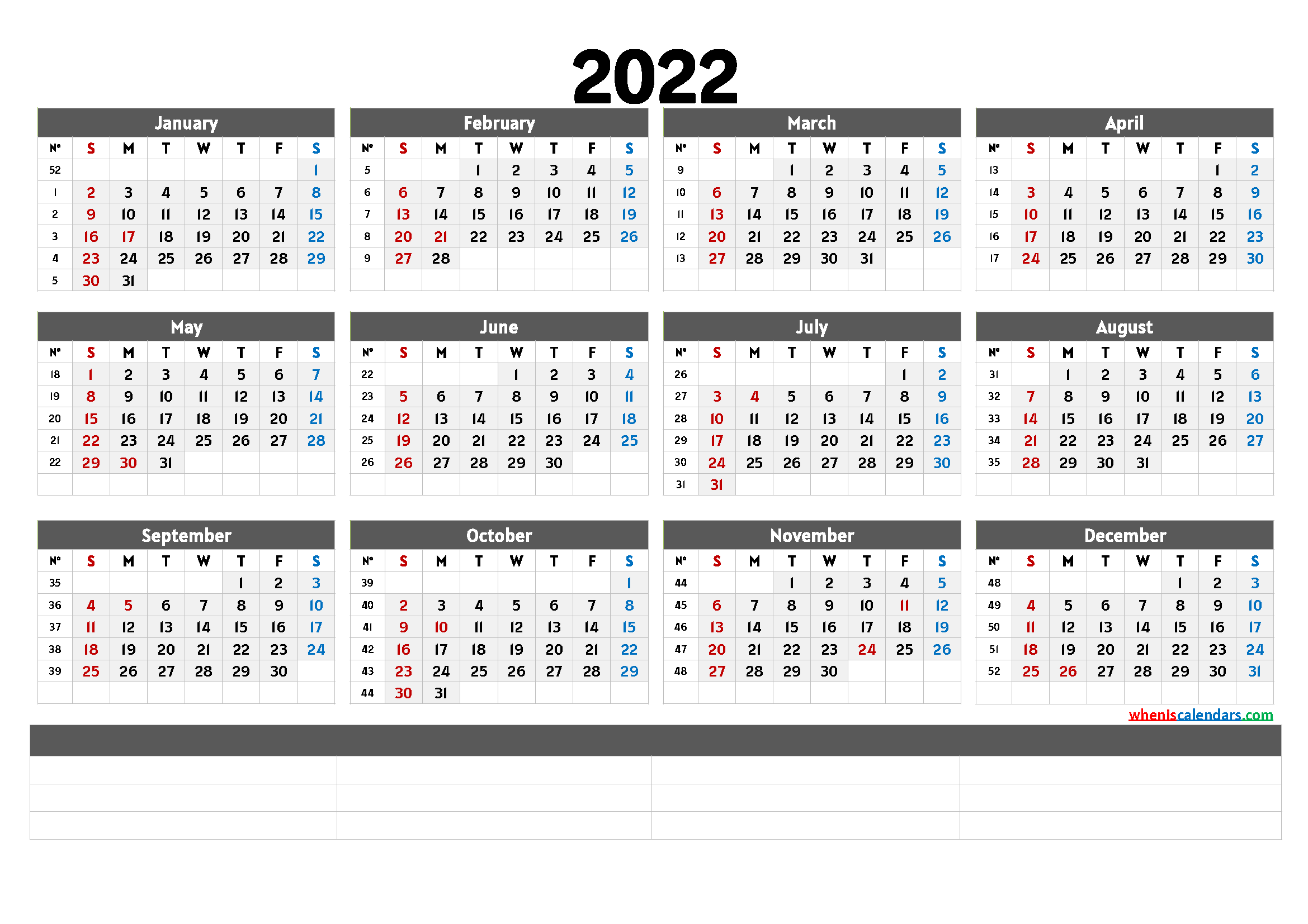 2022 Year Calendar Printable