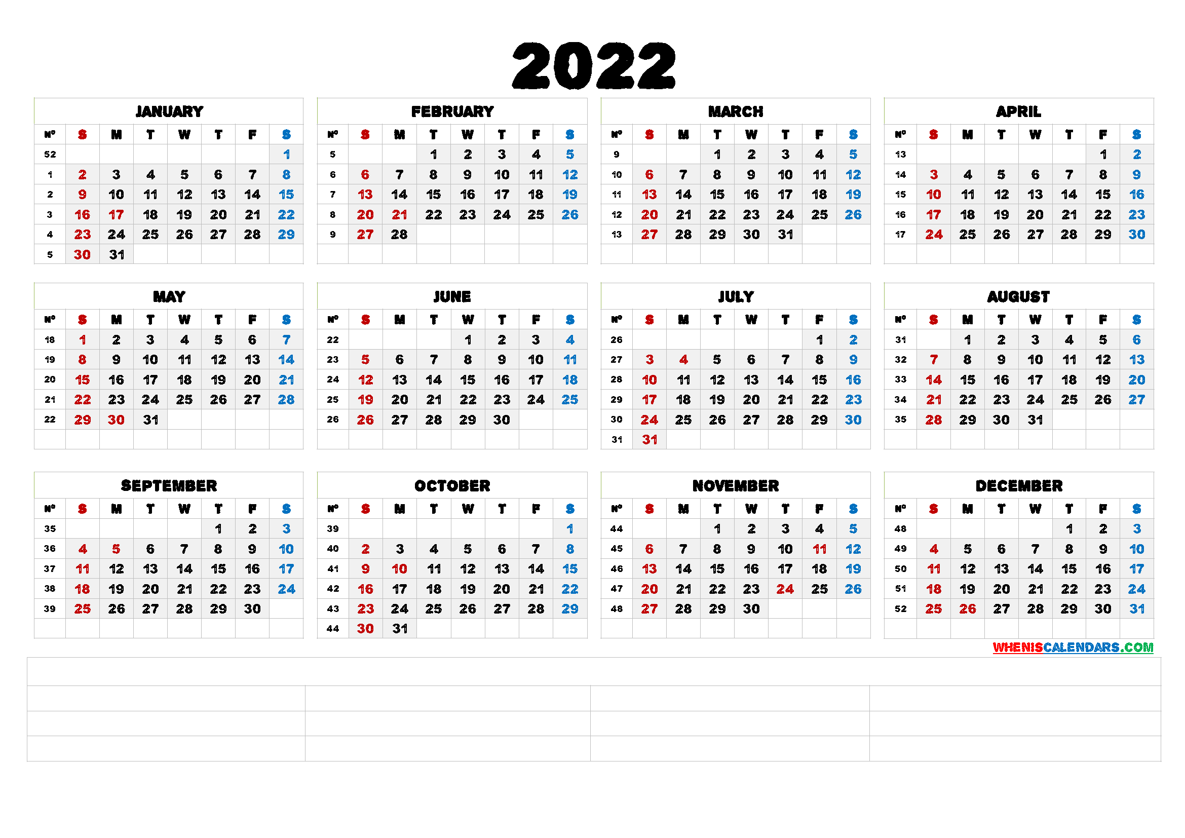 2022 Free Printable Yearly Calendar (6 Templates)