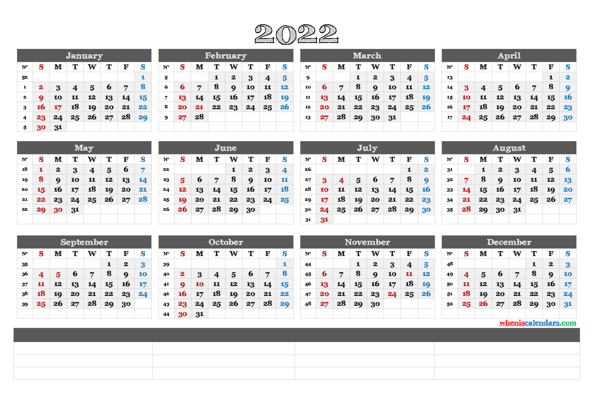 Calendar 2022 with Week Numbers