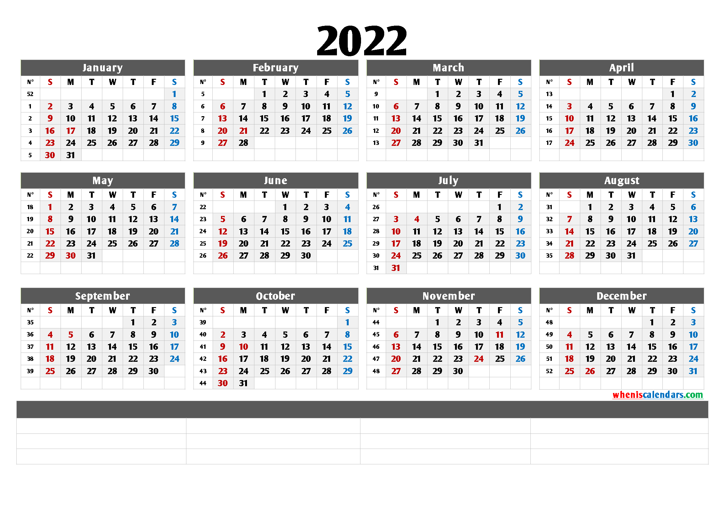 2022 Free Printable Yearly Calendar with Week Numbers (6 ...
