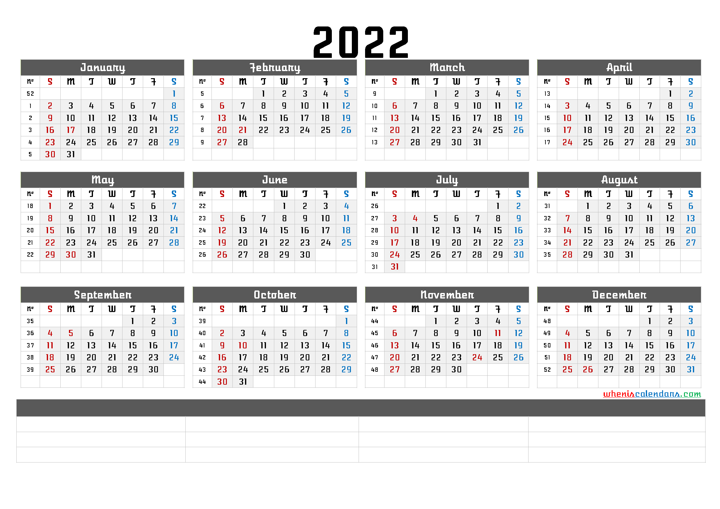 2022 Yearly Calendar Printable