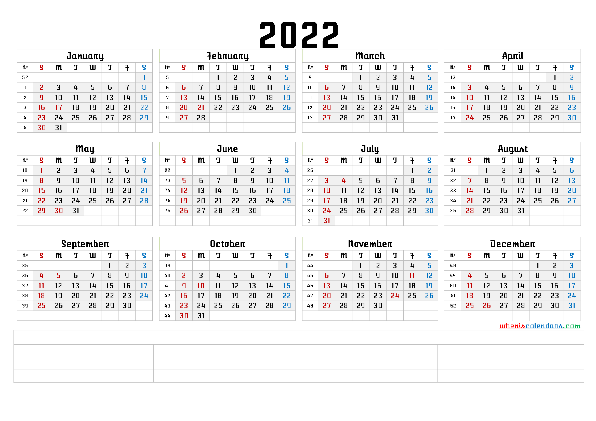 2022 annual calendar template word