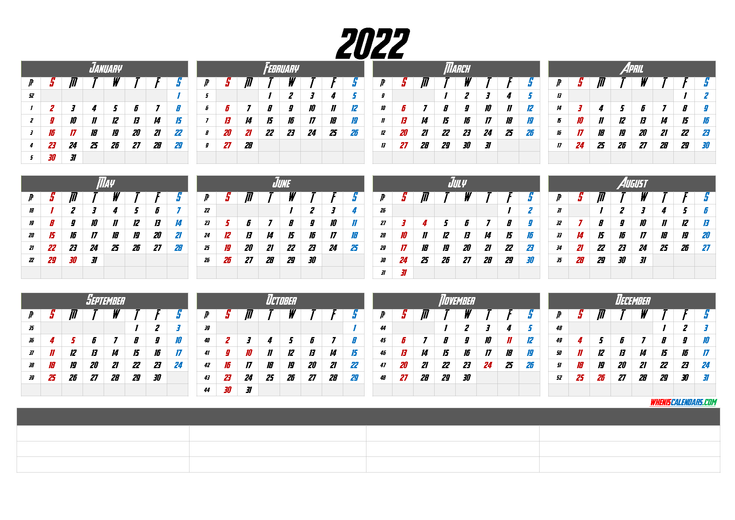 2022 One Page Printable Calendar