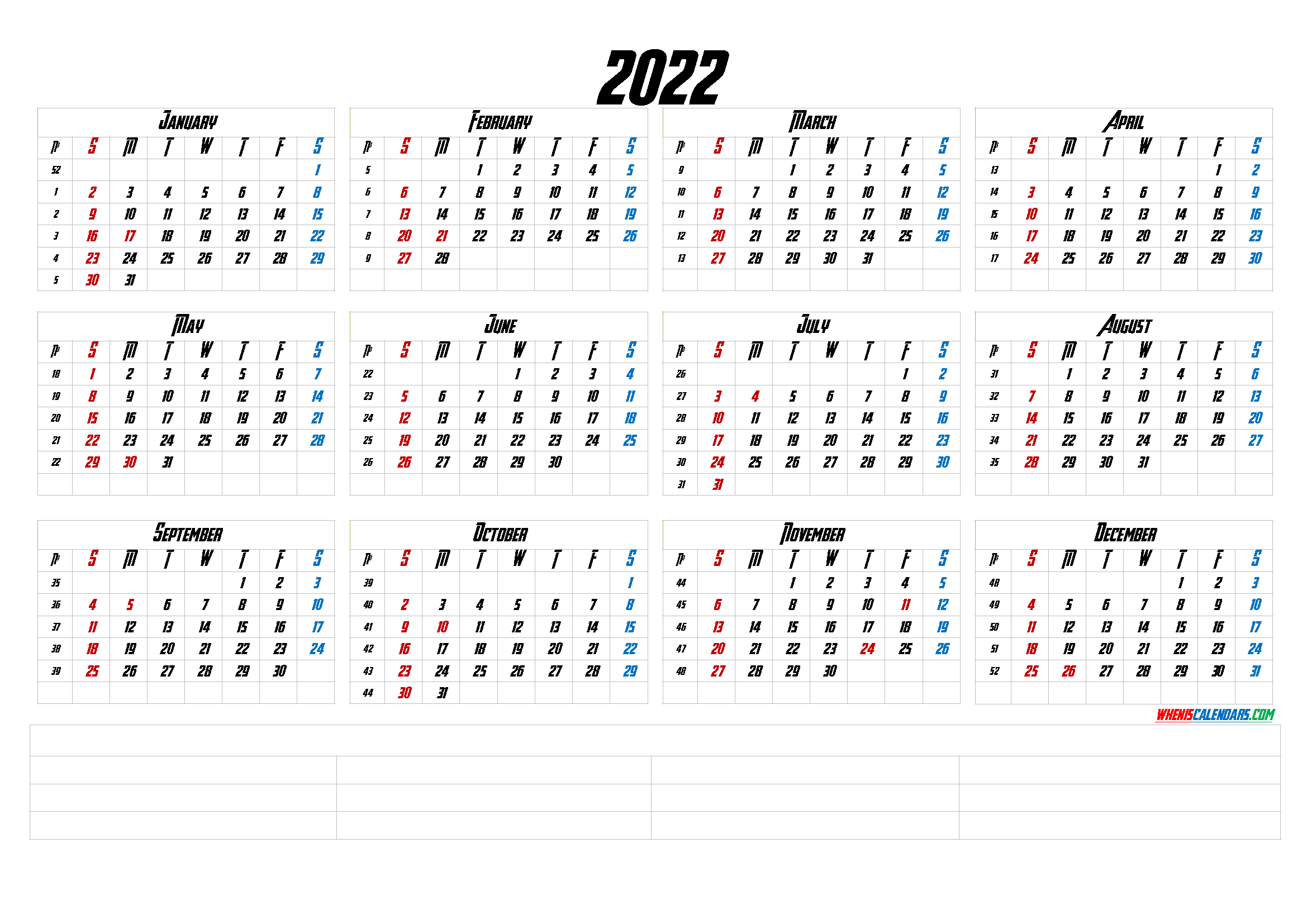 12 Month Calendar Printable 2022