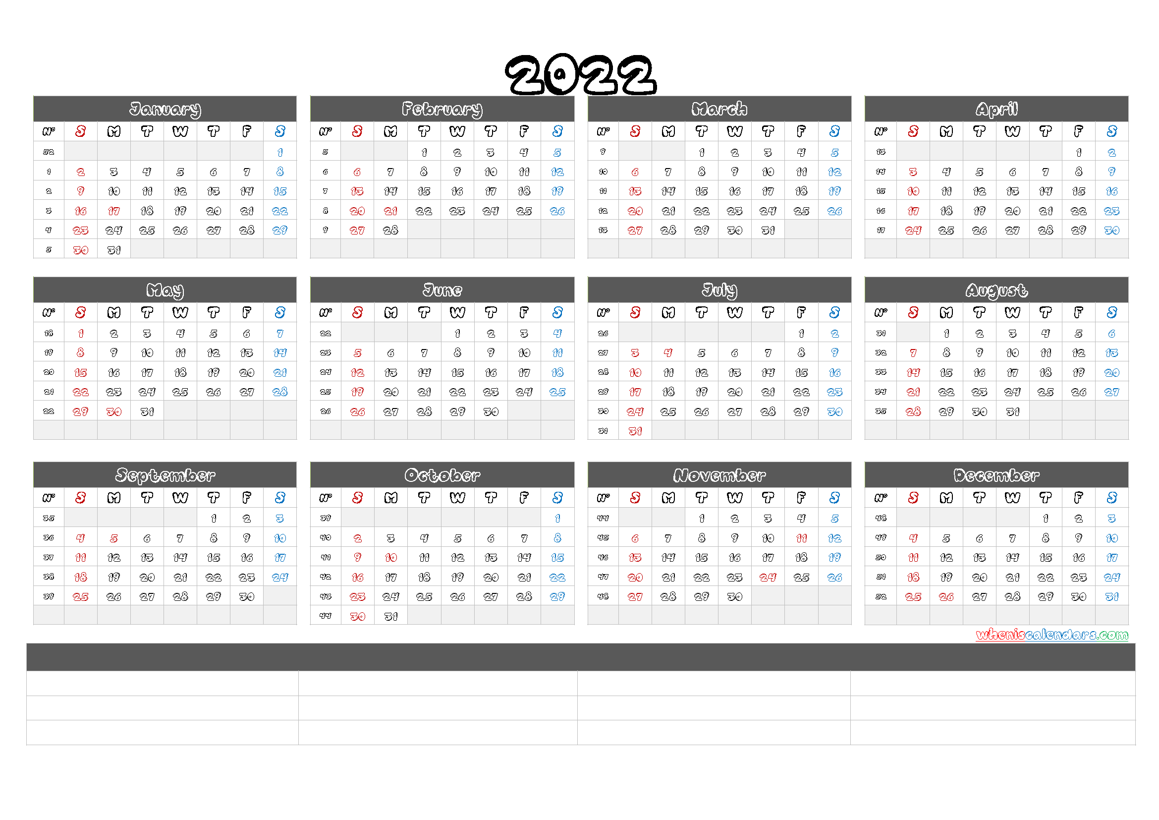 2022 One Page Calendar Printable PDF