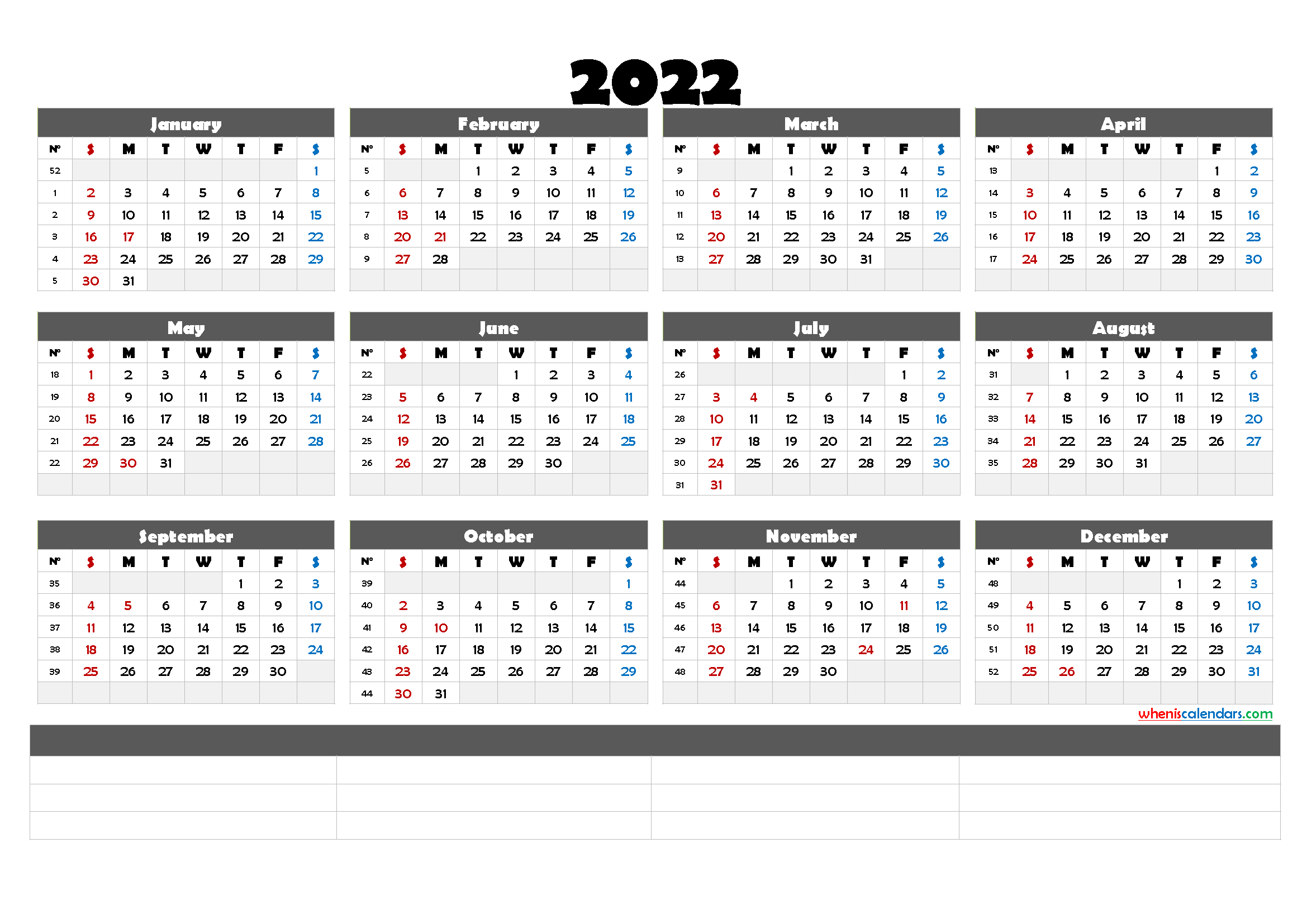 2022 Printable Yearly Calendar One Page