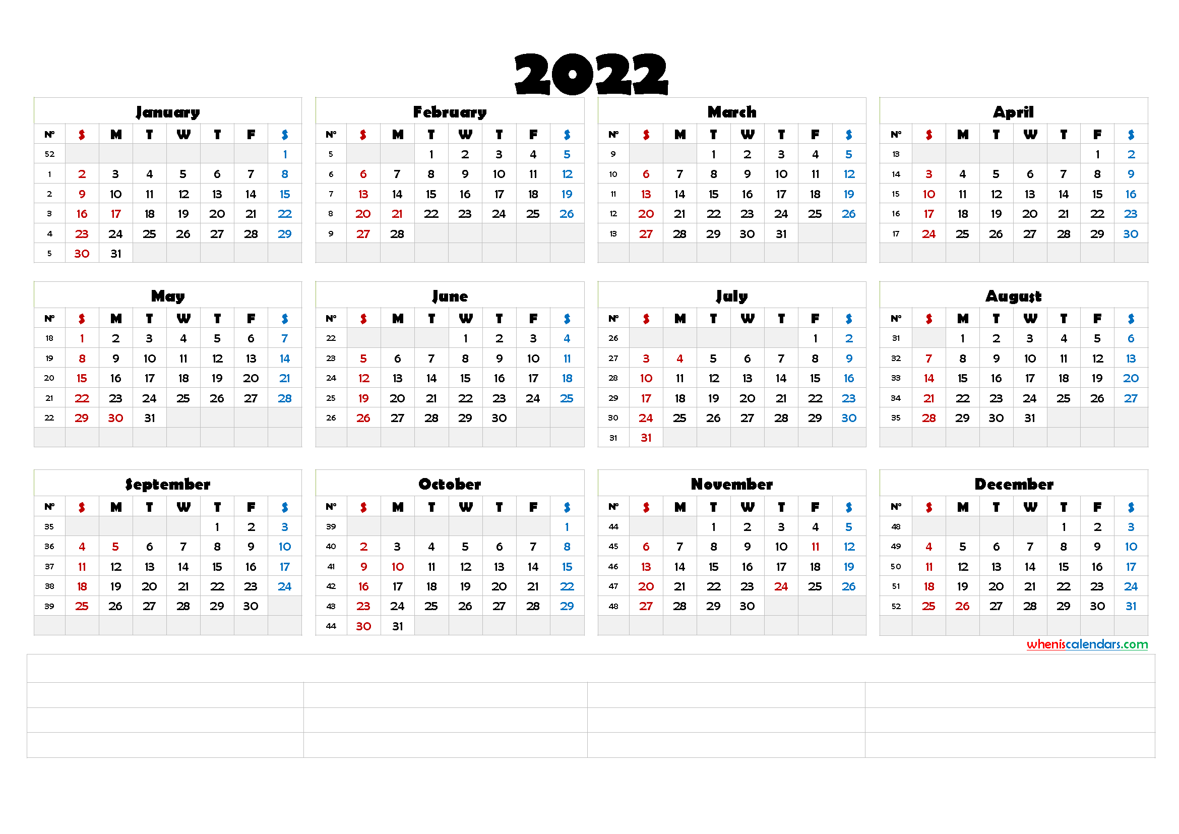 2022 Year Calendar Printable