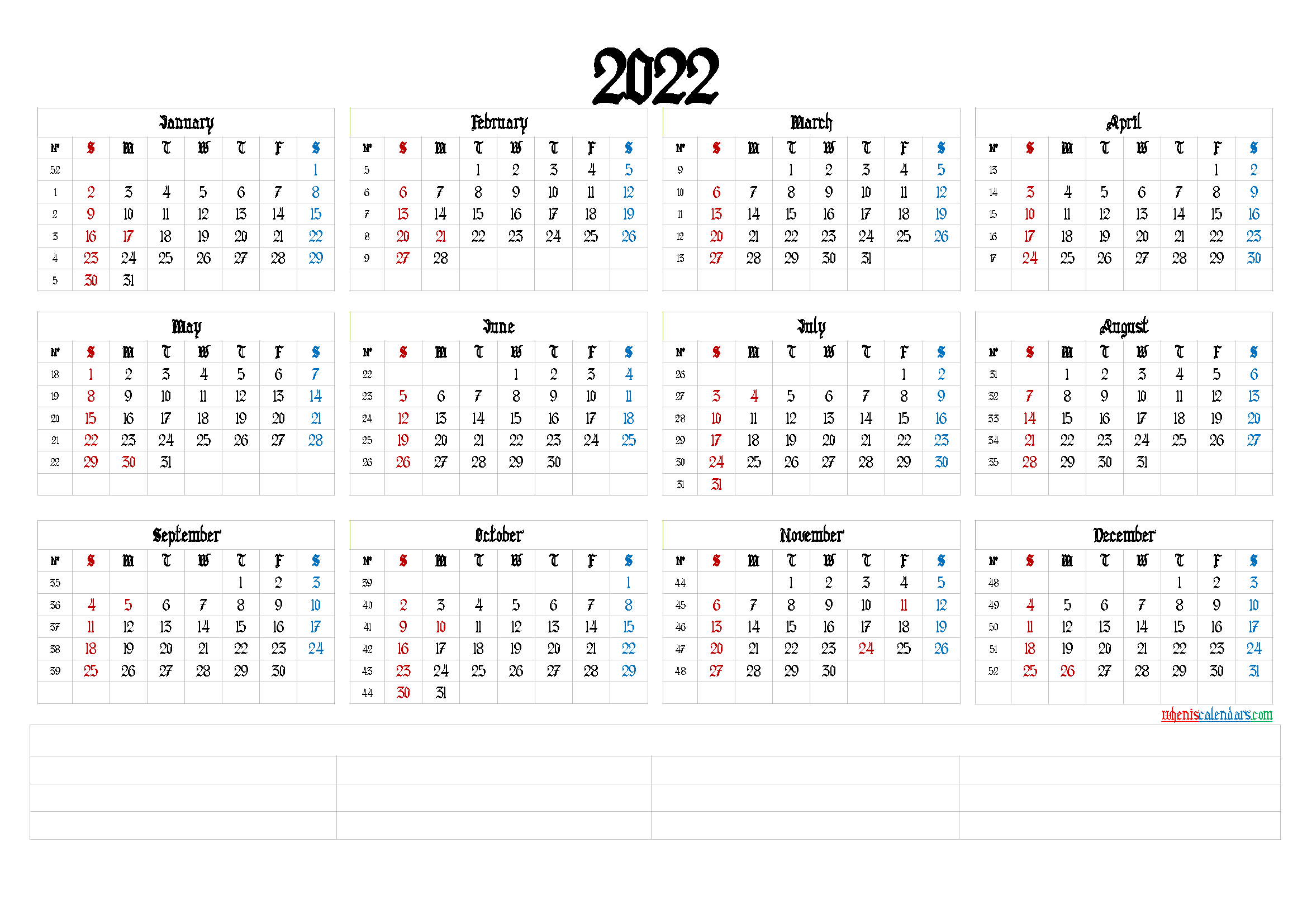 Calendar with Holidays 2022